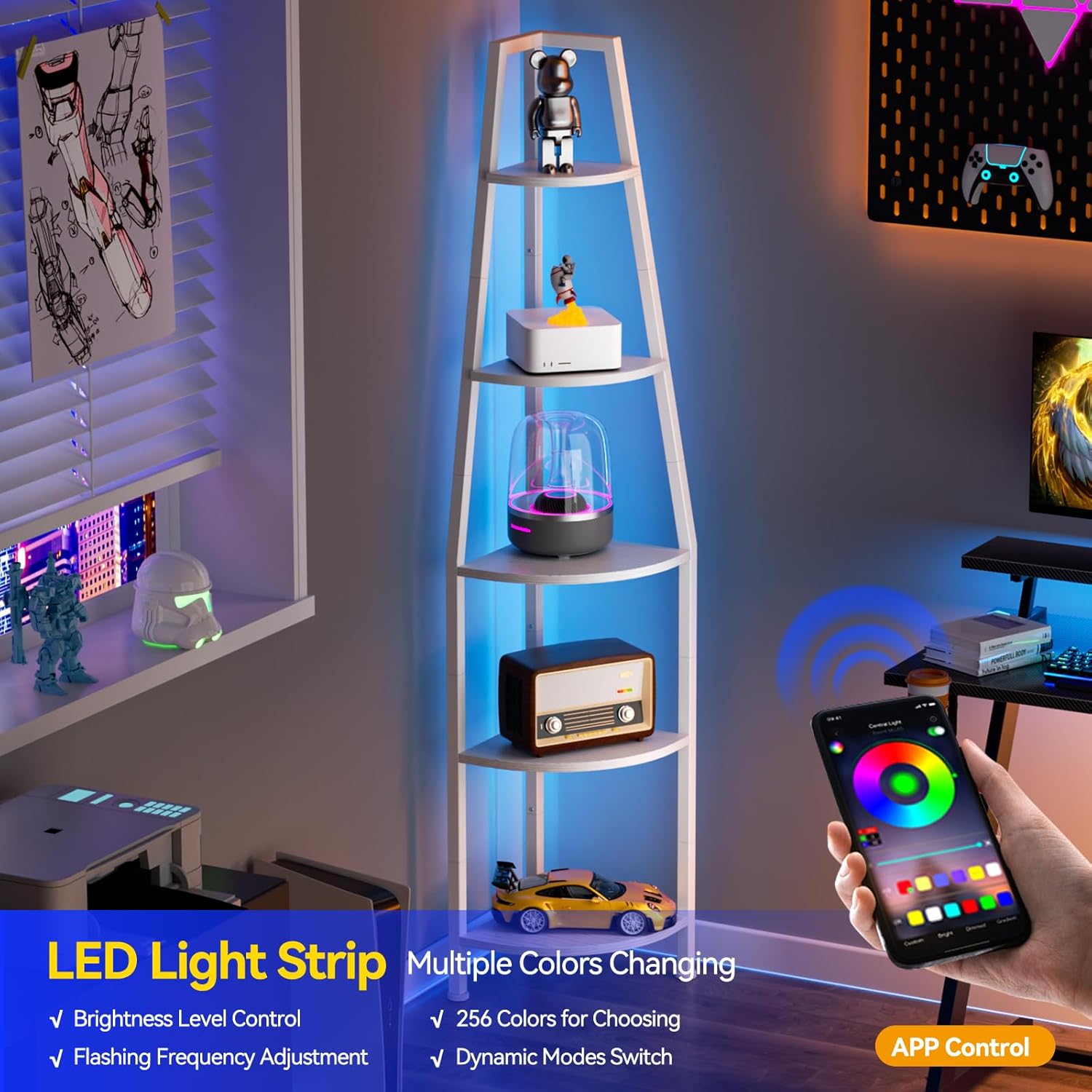 Furnulem 5 Tier Corner Shelf with LED Light