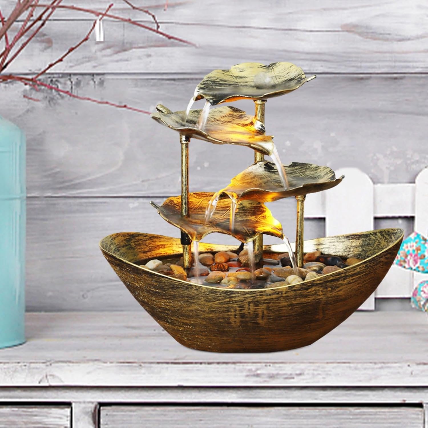 GLANSI Tabletop Water Fountain with USB LED Night Light for Bedroom