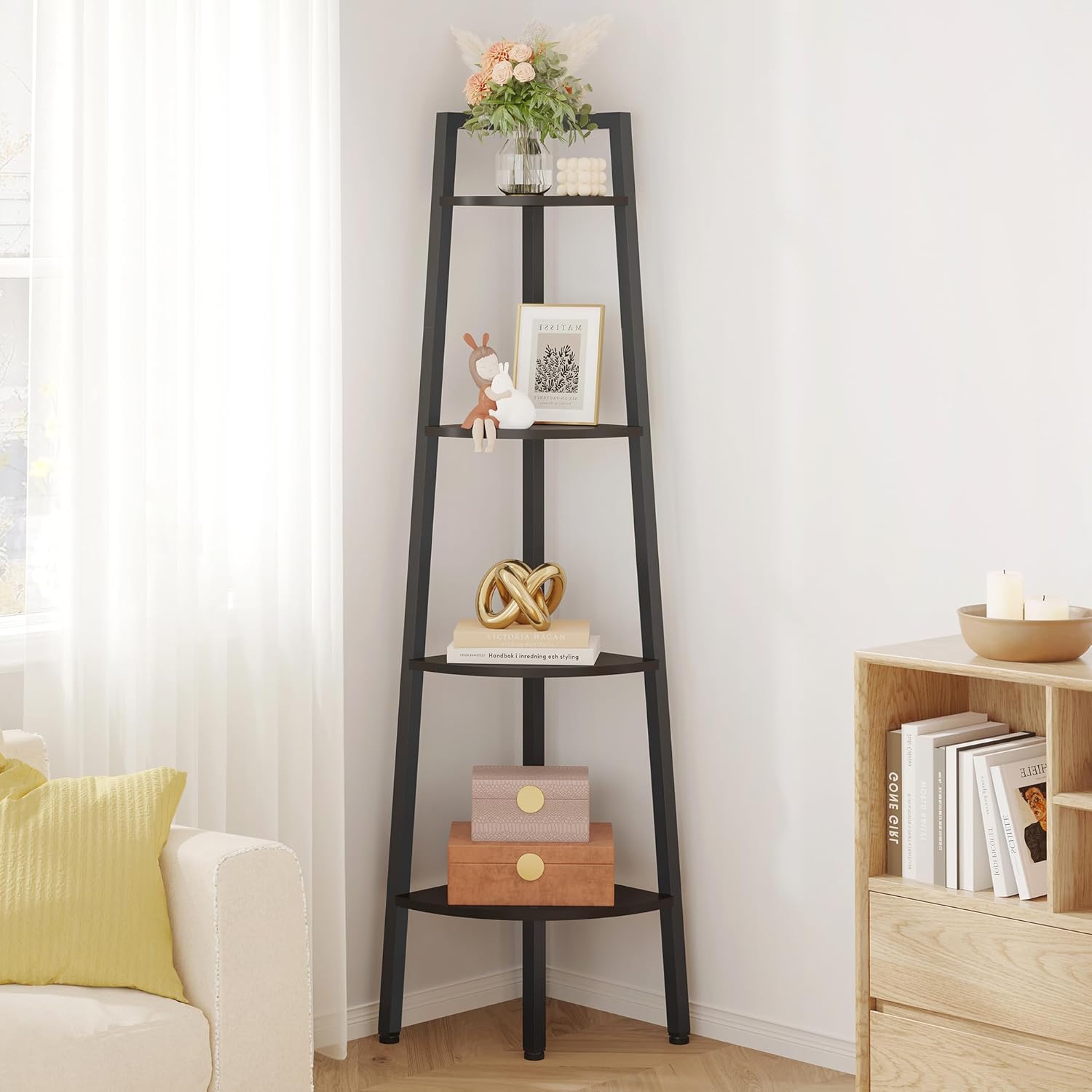 Hoctieon 4-Tier Corner Bookshelf Black Metal Frame