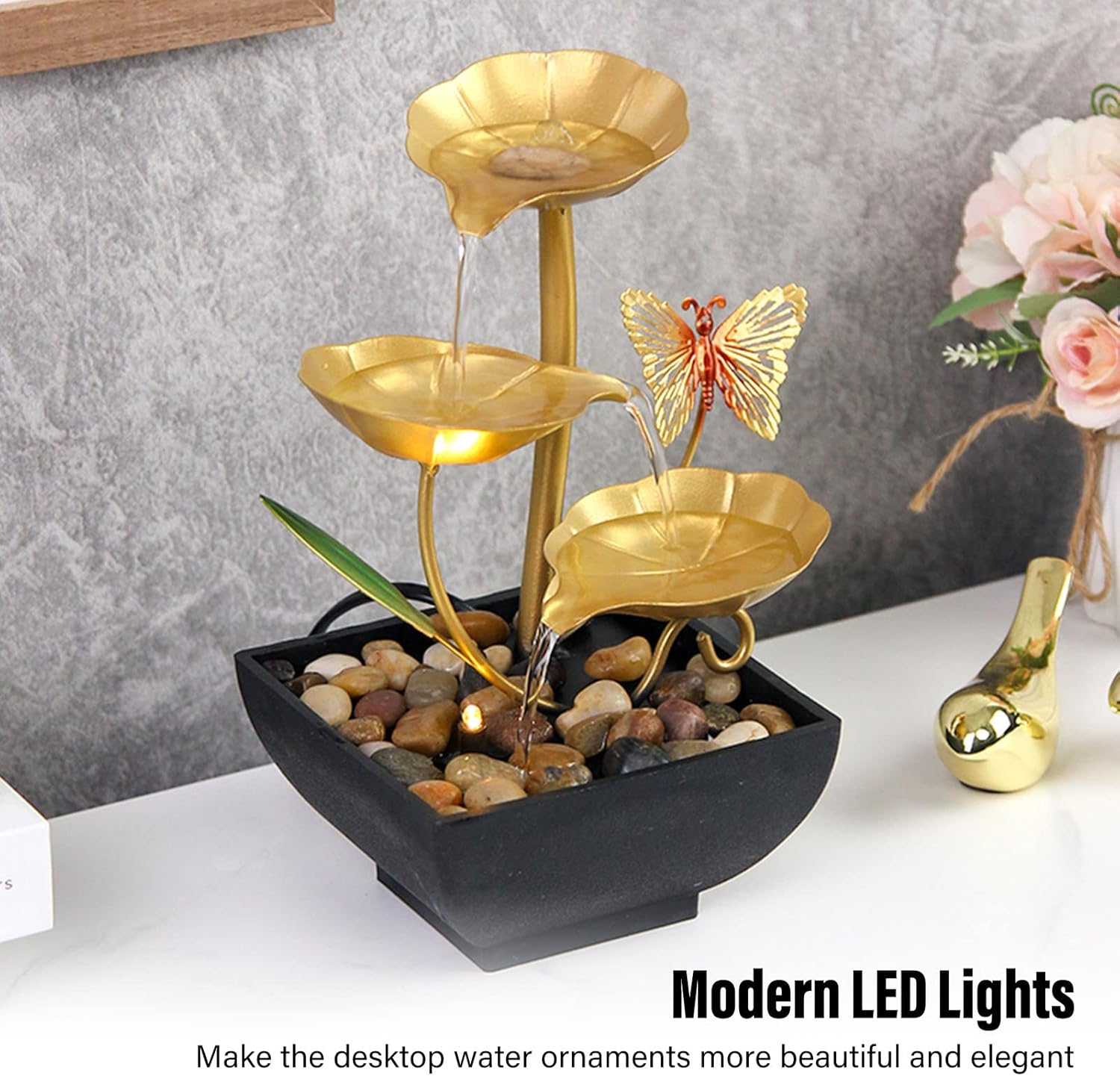 Gavigain Tabletop Fountain with LED Lights and Three Speed Settings