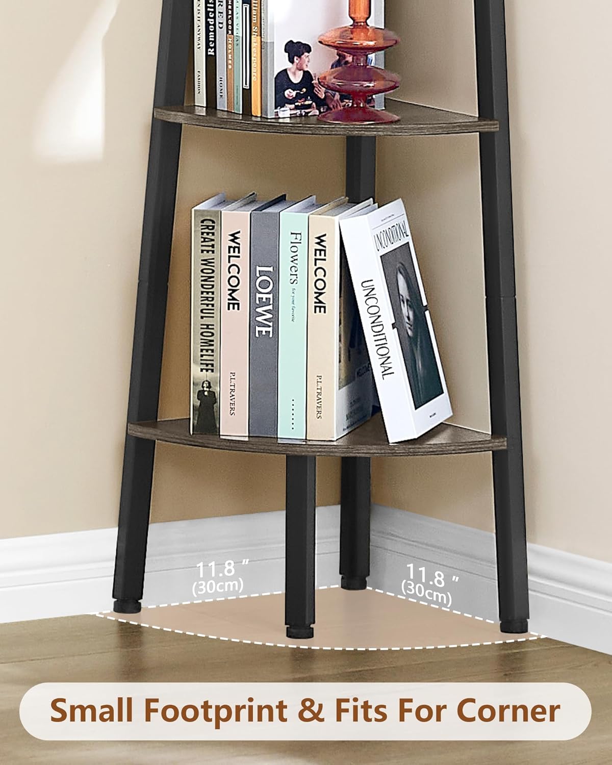 Hoctieon 5-Tier Corner Bookshelf Grey Metal Frame