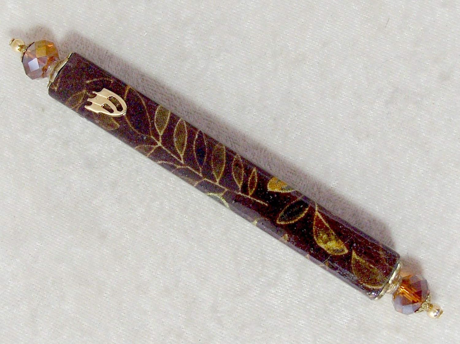 Handmade Brown Mezuzah with Gold Leaf Accents