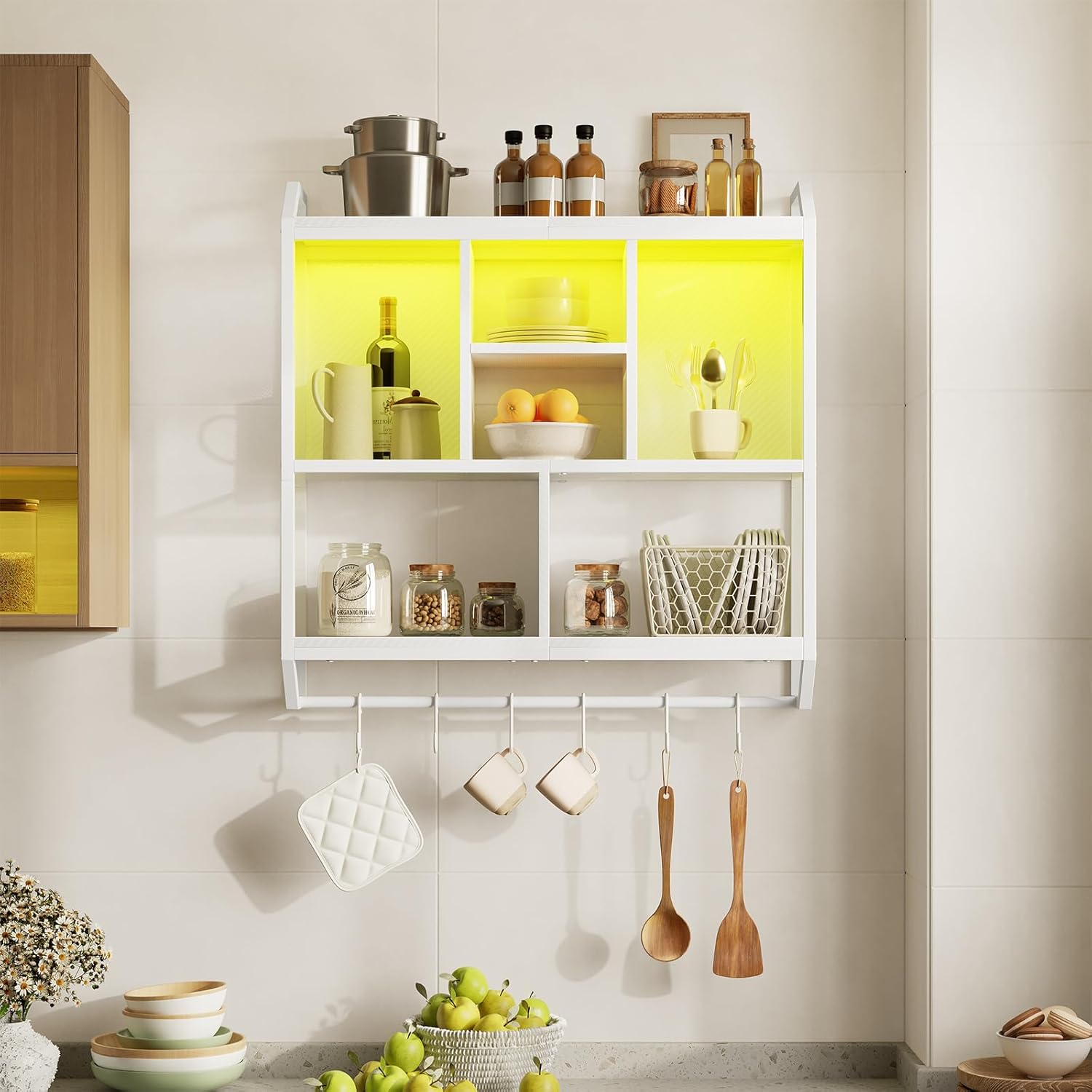 HOOBRO LED Gaming Floating Shelf with 3 Tiers and Hanging Rod