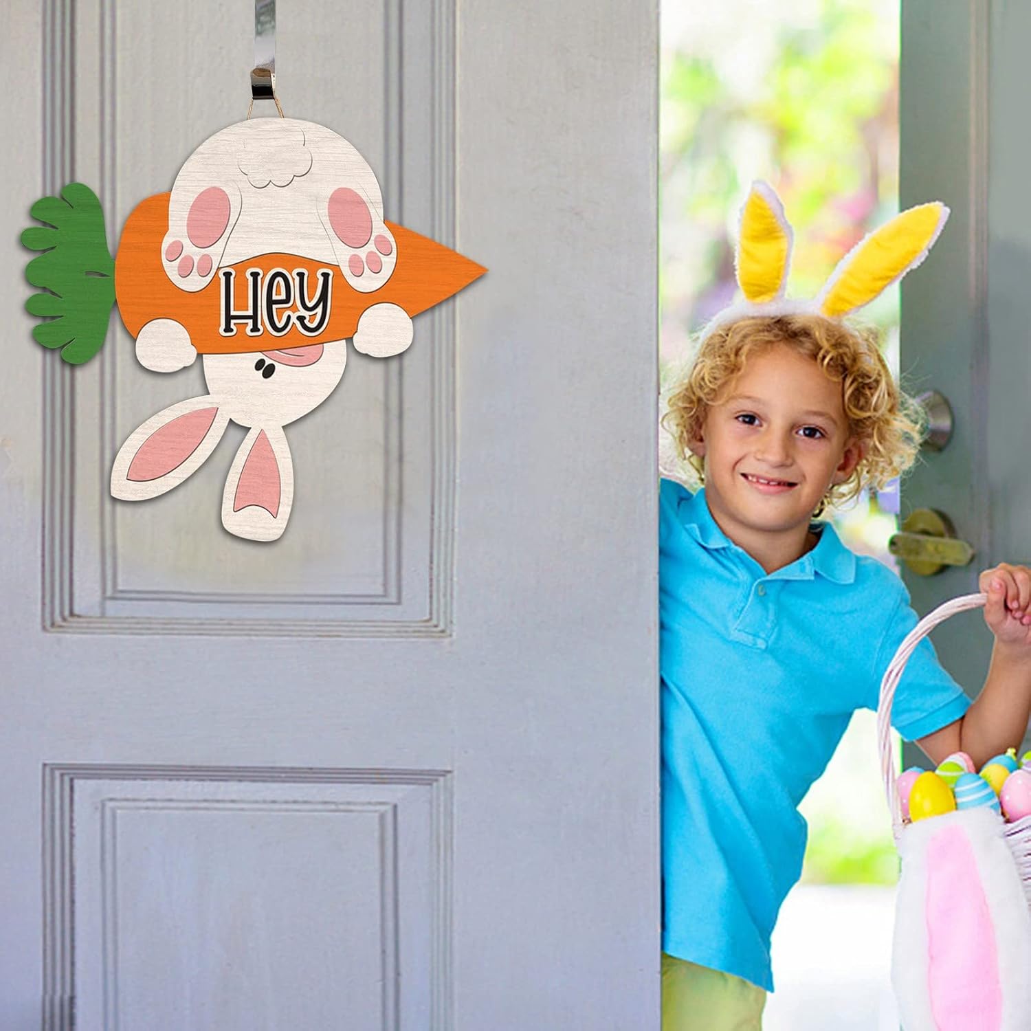 Easter Welcome Board Wooden Rabbit with Carrot Door Hanger