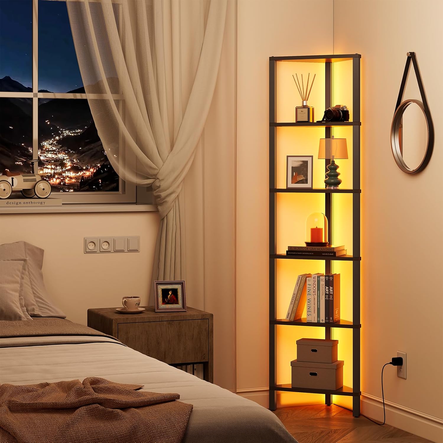 TUTOTAK Corner Shelf with LED Light 6-Tier Black BS05BK006L