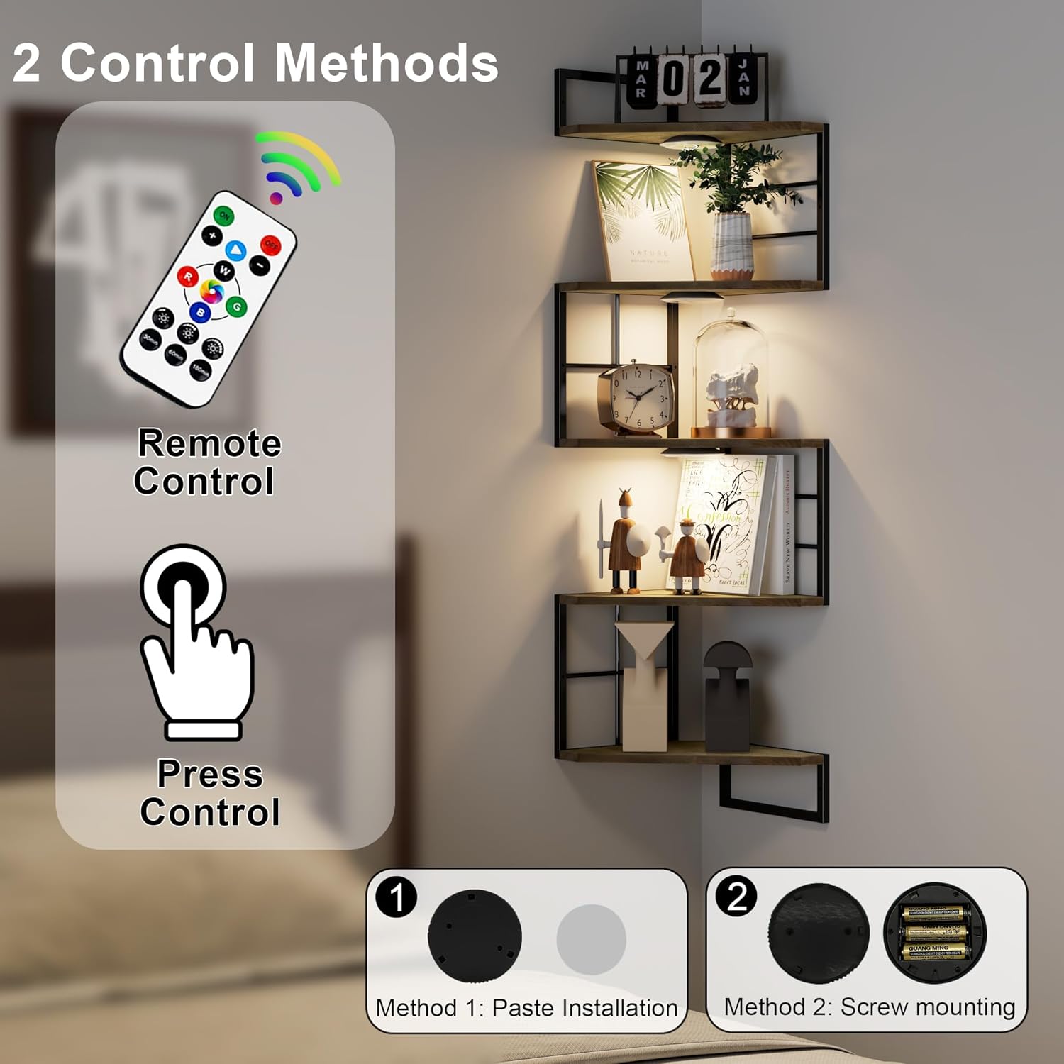 Floating Corner Shelves with Light - 5 Tiers Metal Wall Mount