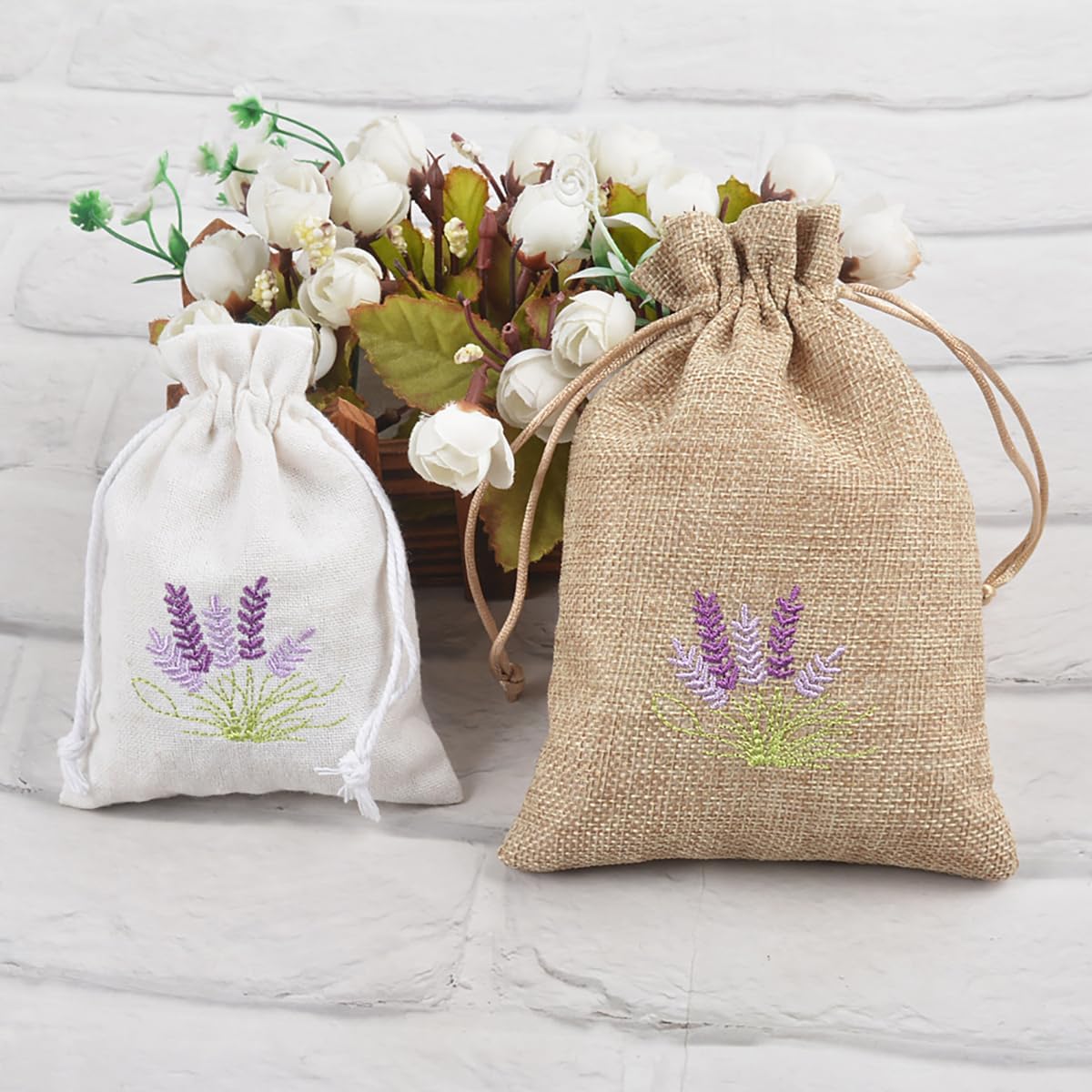 10 Pcs Lavender Pattern Burlap Drawstring Sachet Bags for Wedding DIY