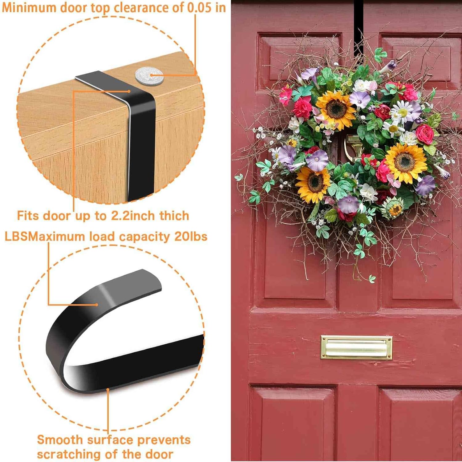 12 Inch Wreath Hangers Black Door Hooks 2 Pack