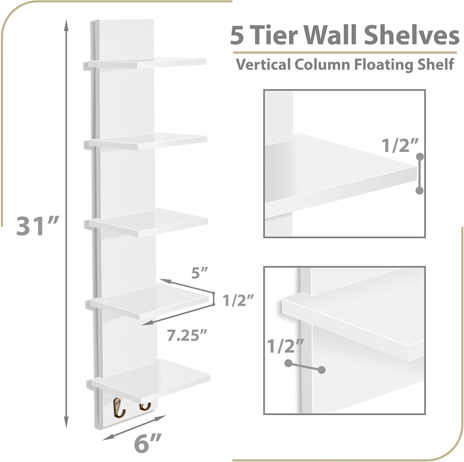 Sorbus 5 Tier Wall Shelf with Hooks and Storage