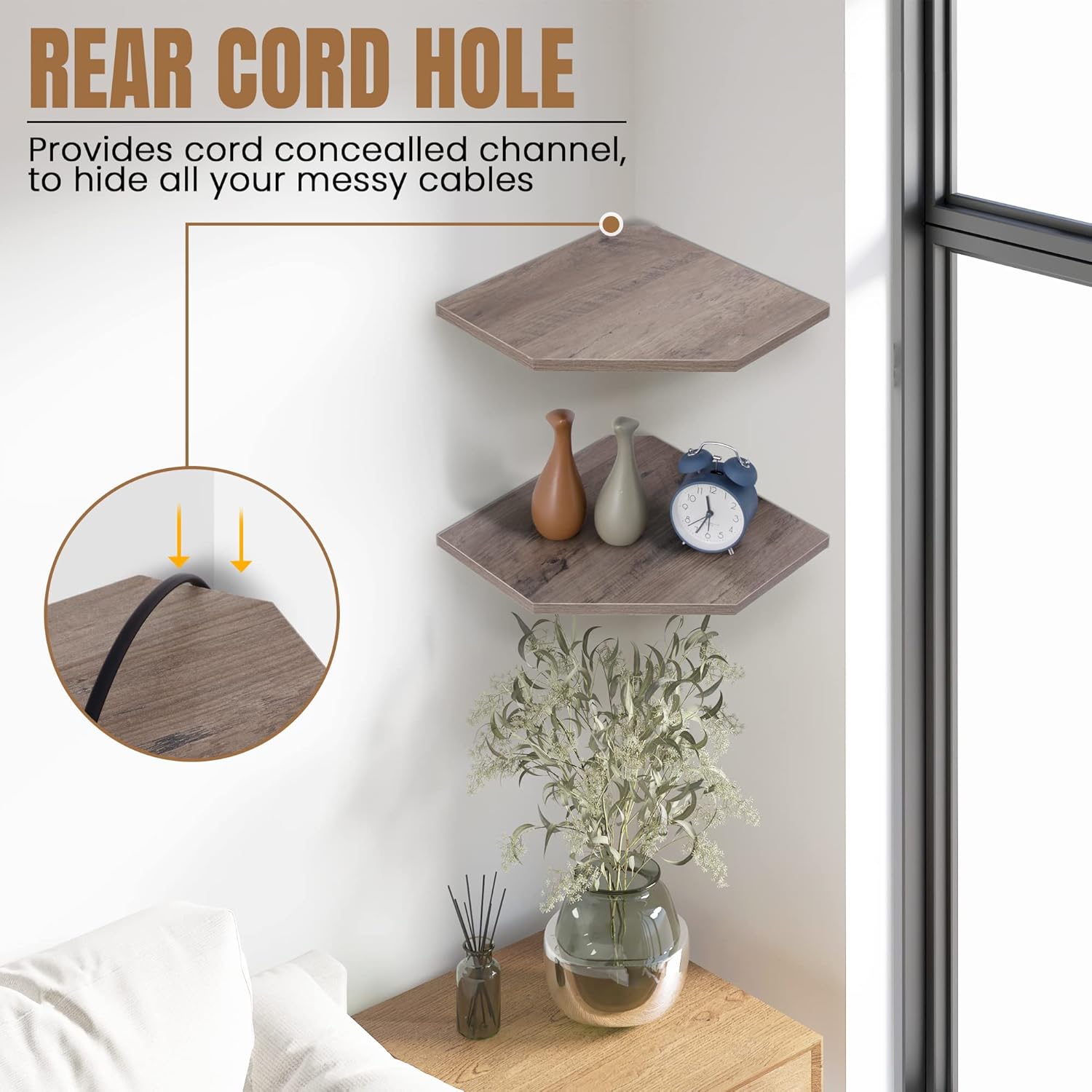 Set of 2 Rustic Grey Corner Wall Shelves