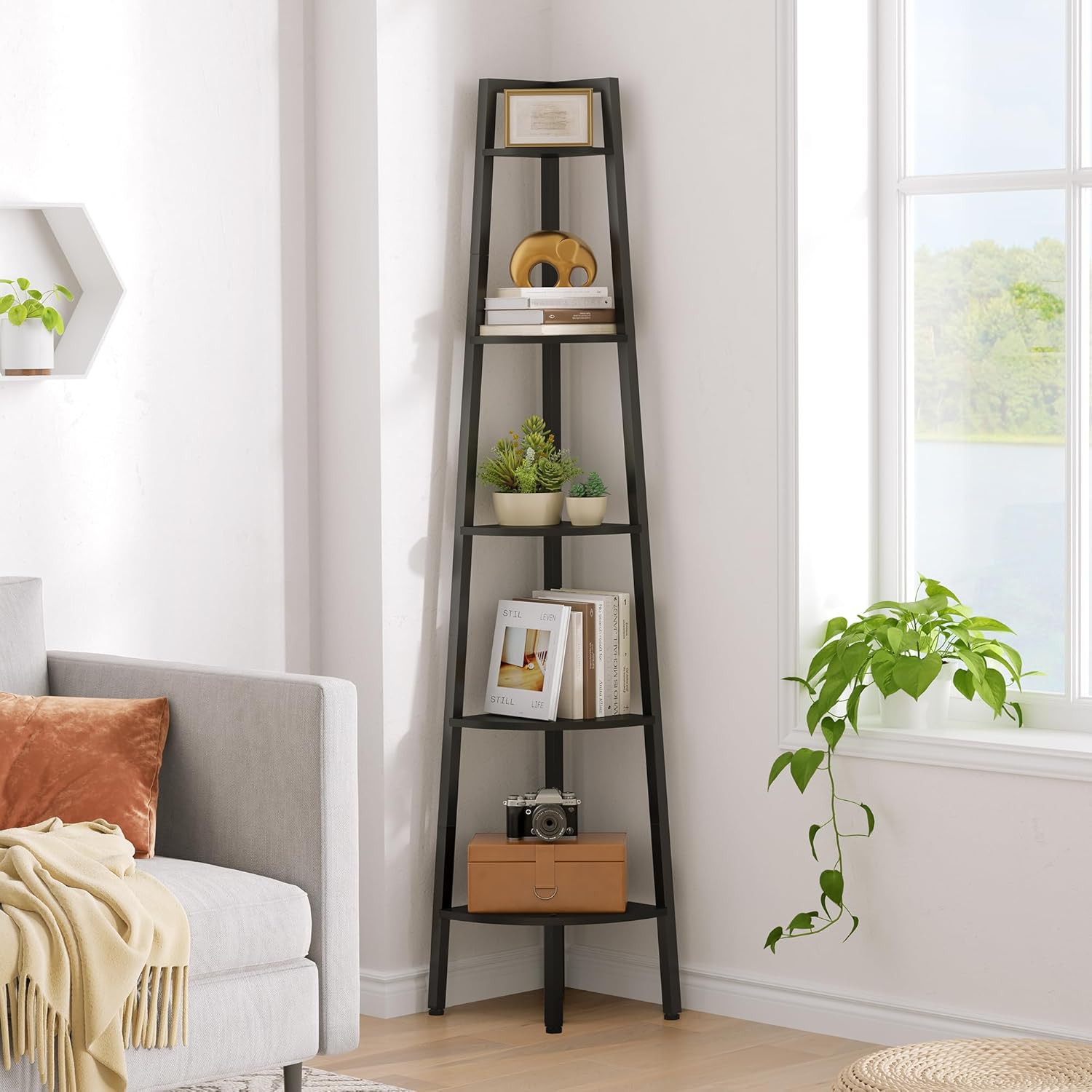 Hoctieon 5-Tier Corner Bookshelf Black Metal Frame