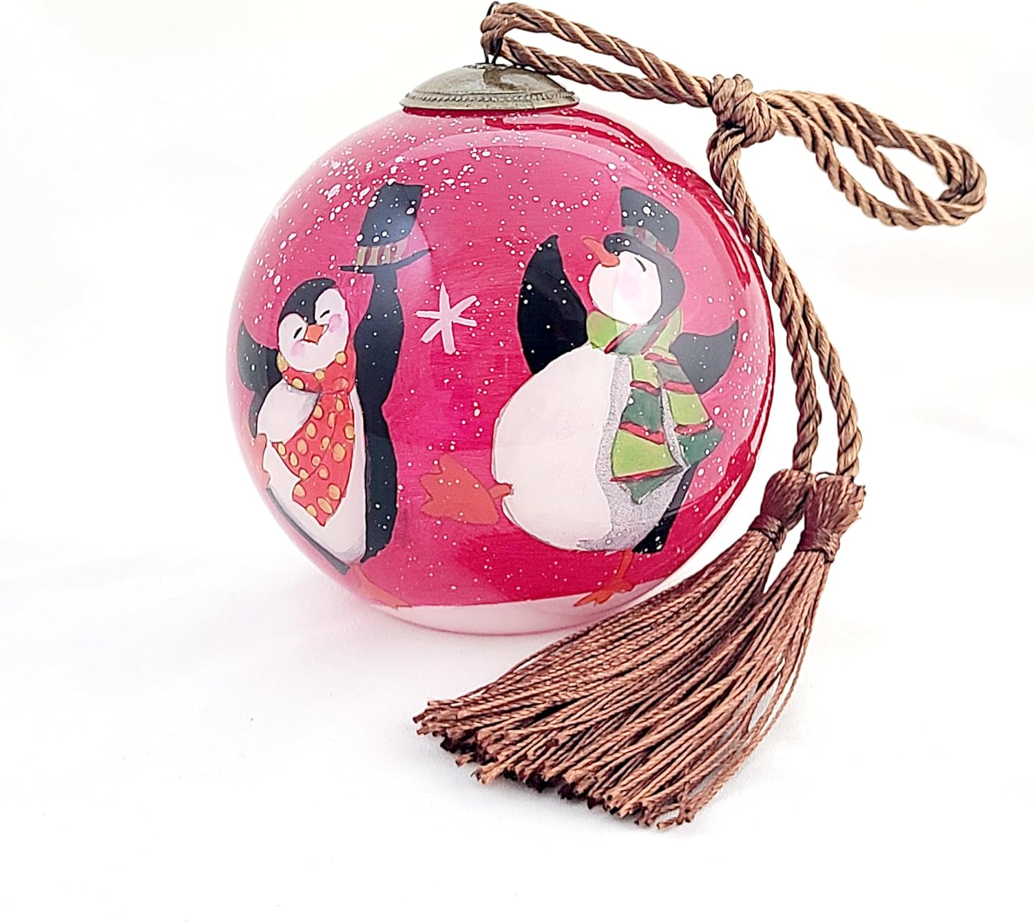 Artisan Painted Glass Ornament - Snowman Penguin Dance