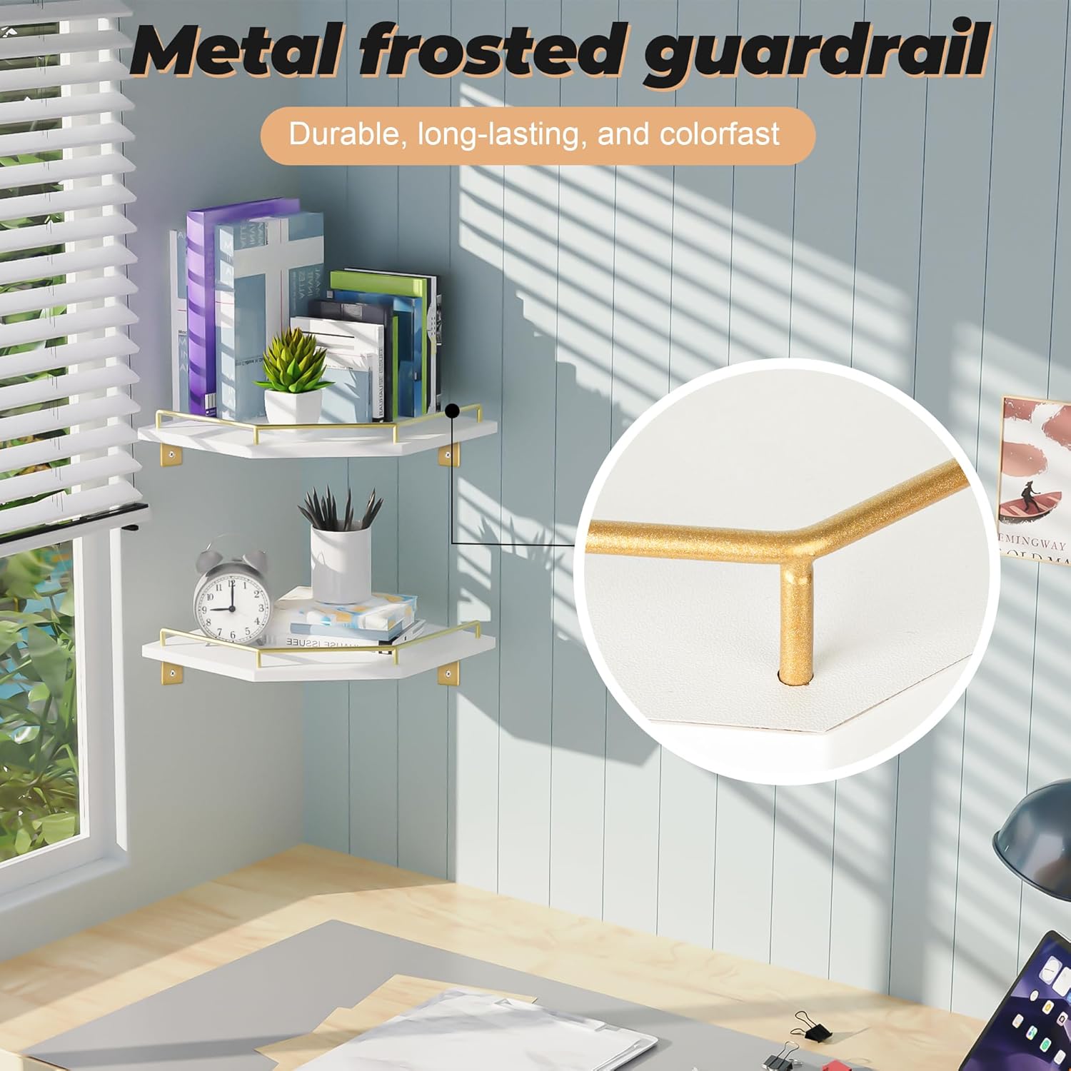 Tirzah White Wall Mount Corner Shelf with Gold Metal Guardrail