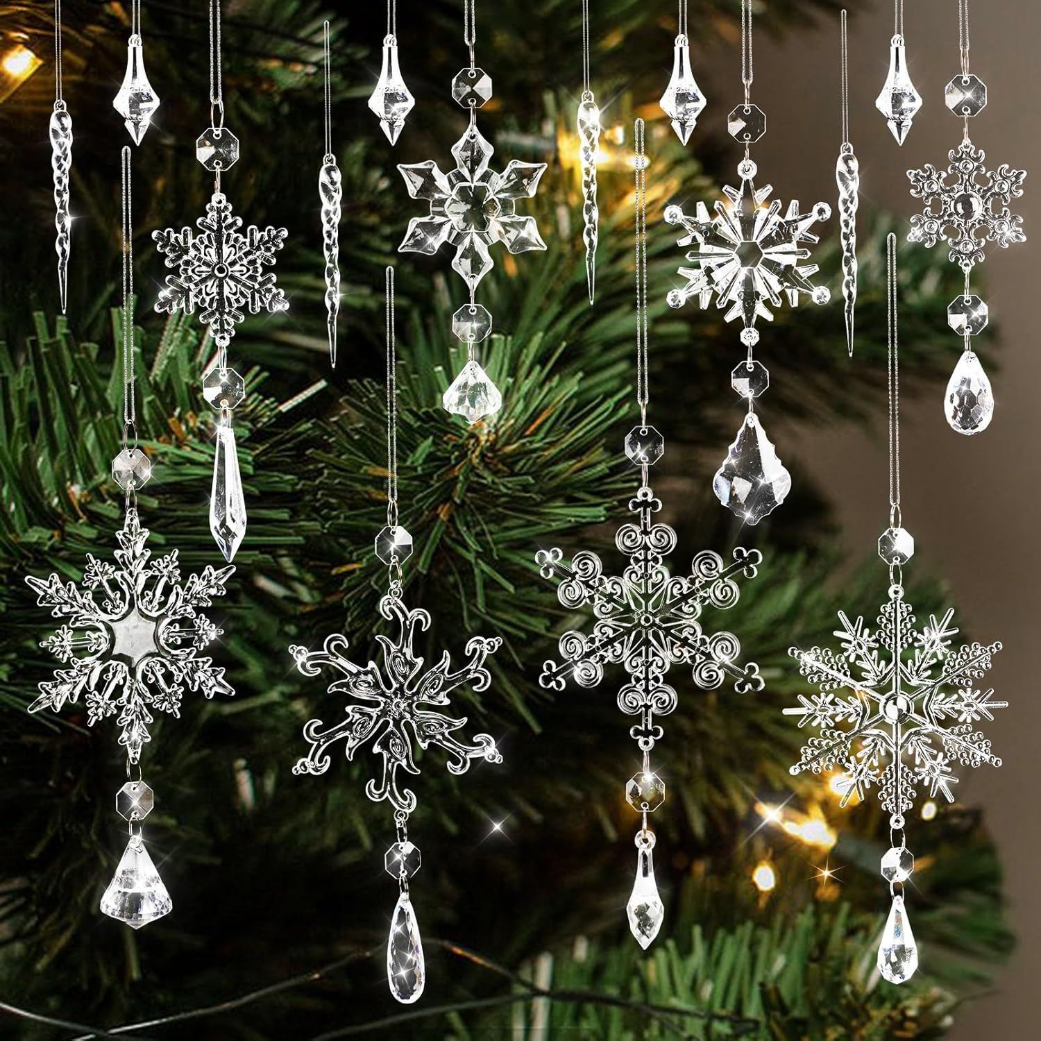 Crystal Snowflake Ornaments Set 16pcs for Christmas Tree