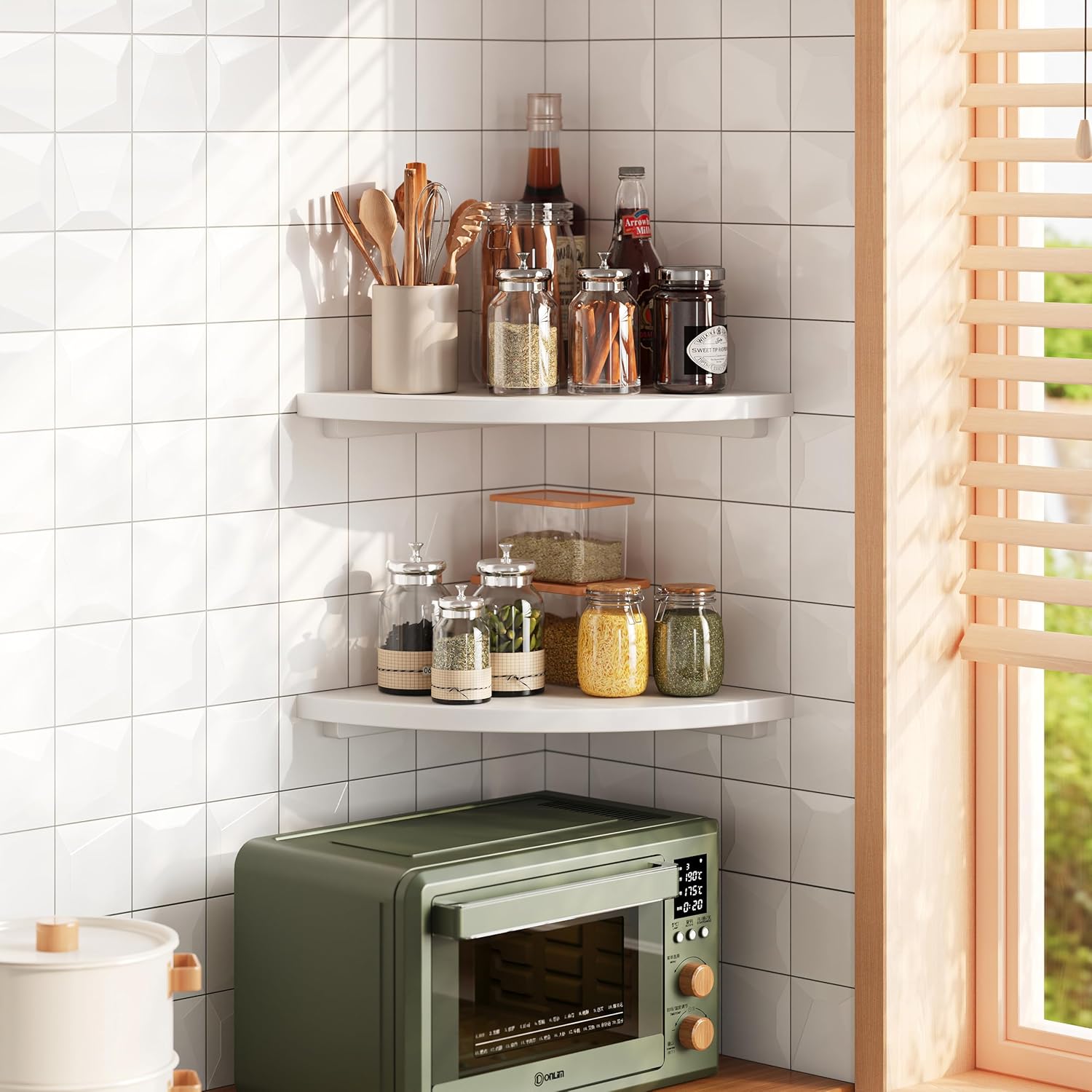 Floating Corner Shelves White 12 Inch Solid Oak 2-Pack