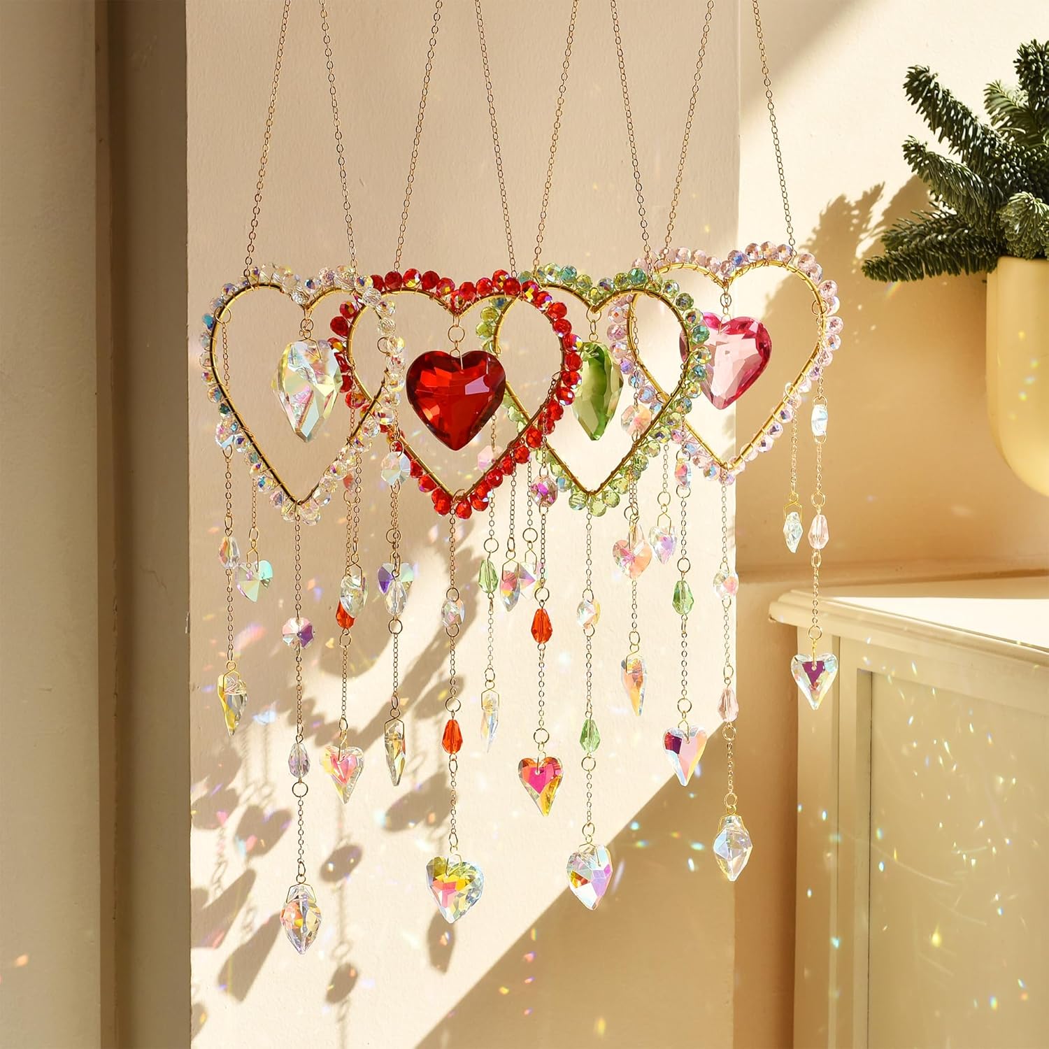 Love-Shaped Crystal Wind Chimes with Pink Heart Pendant