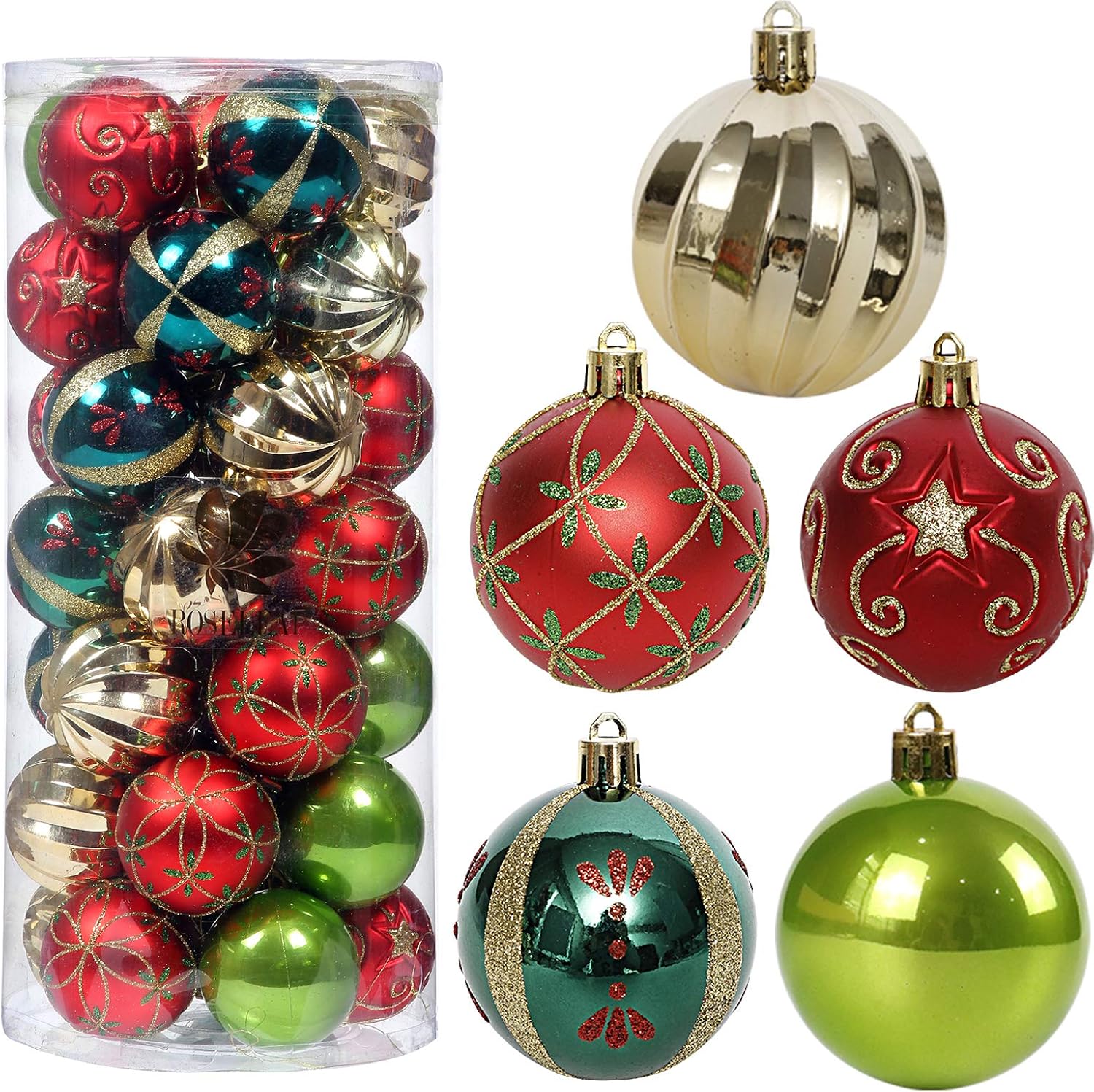 ROSELEAF 30ct Shatterproof Christmas Tree Ornaments Set - Red Green Gold Plastic Hanging Balls