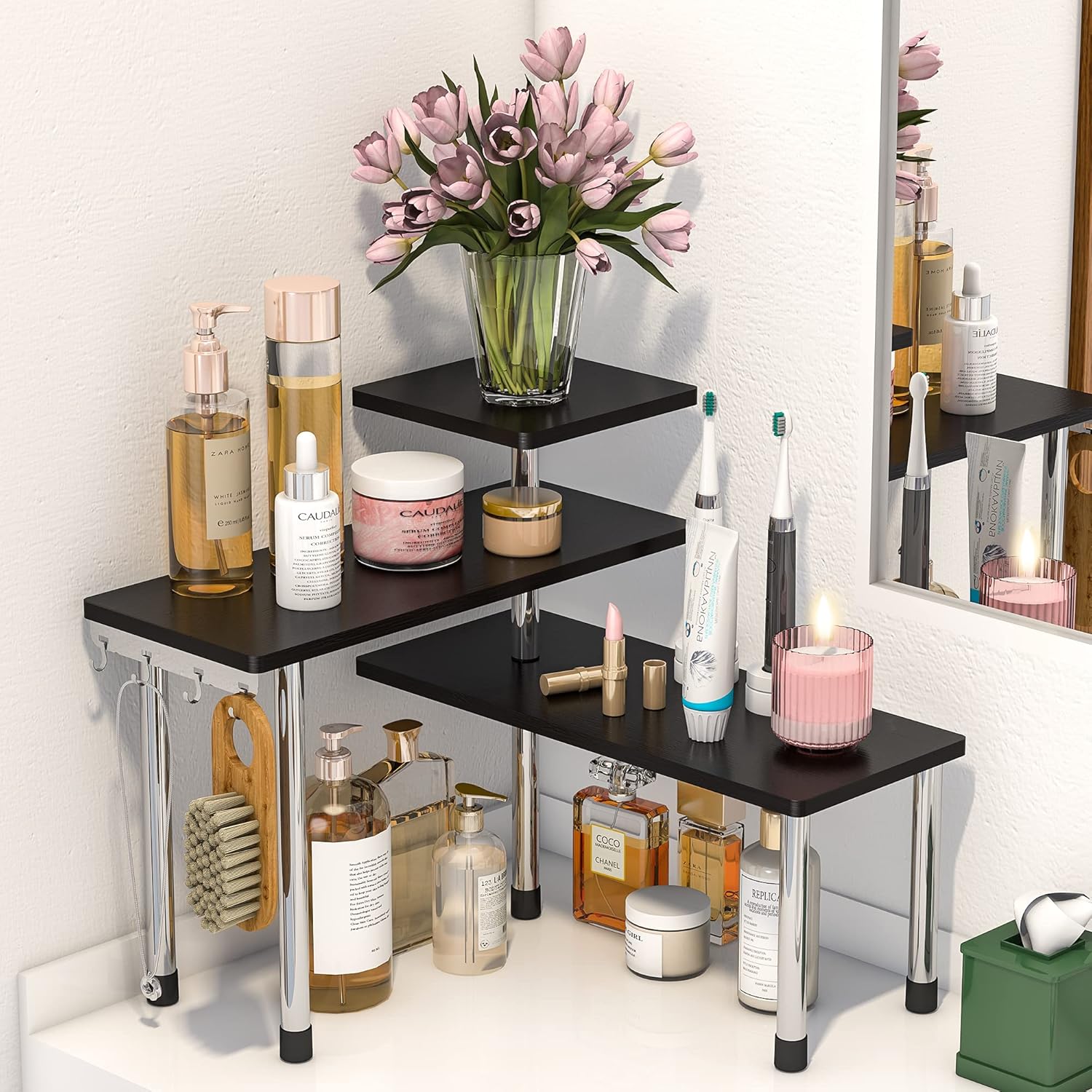 ZHWS Corner Shelf Organizer - 3 Tier Bamboo Black
