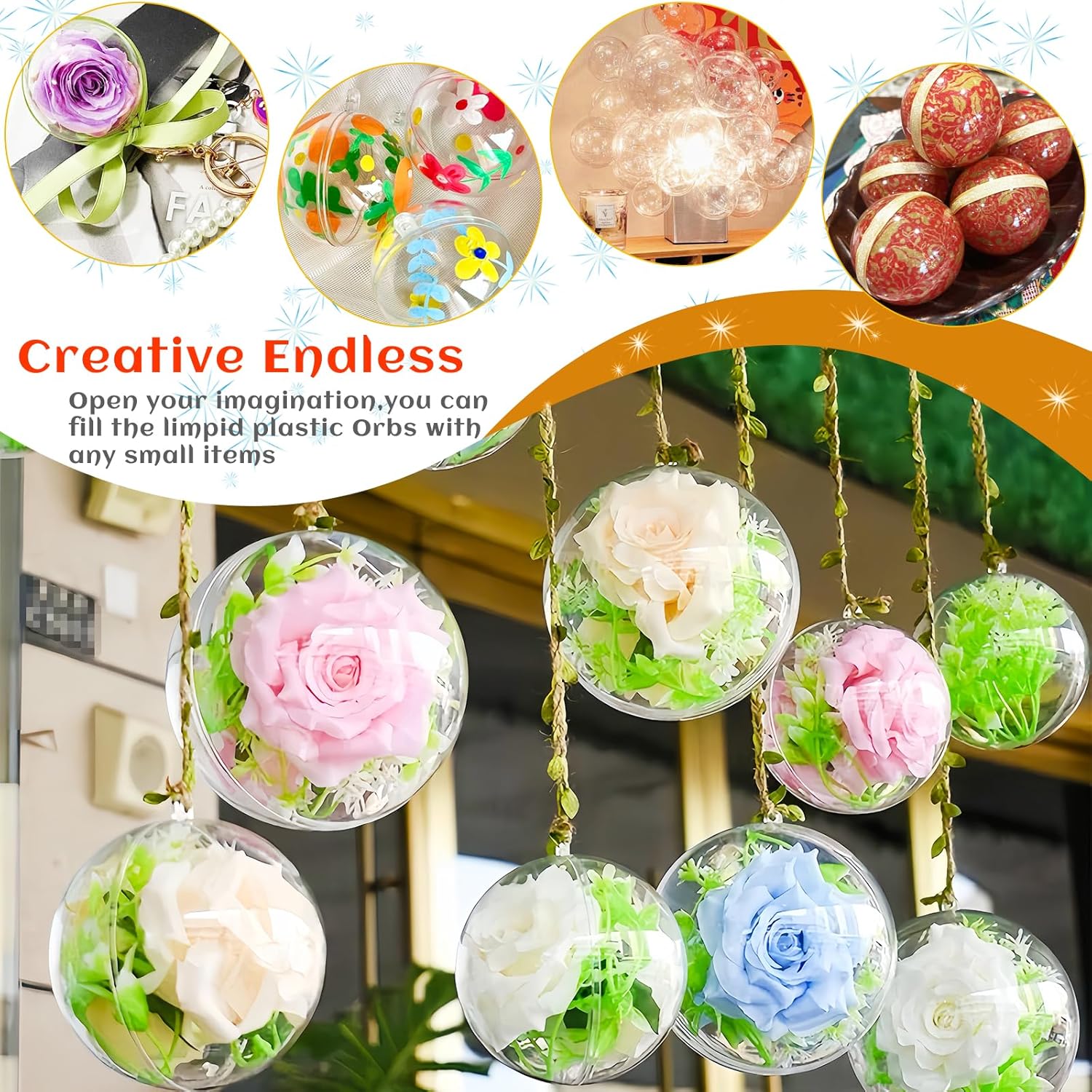 25 Pack Clear Plastic Fillable Ornaments 5 Sizes