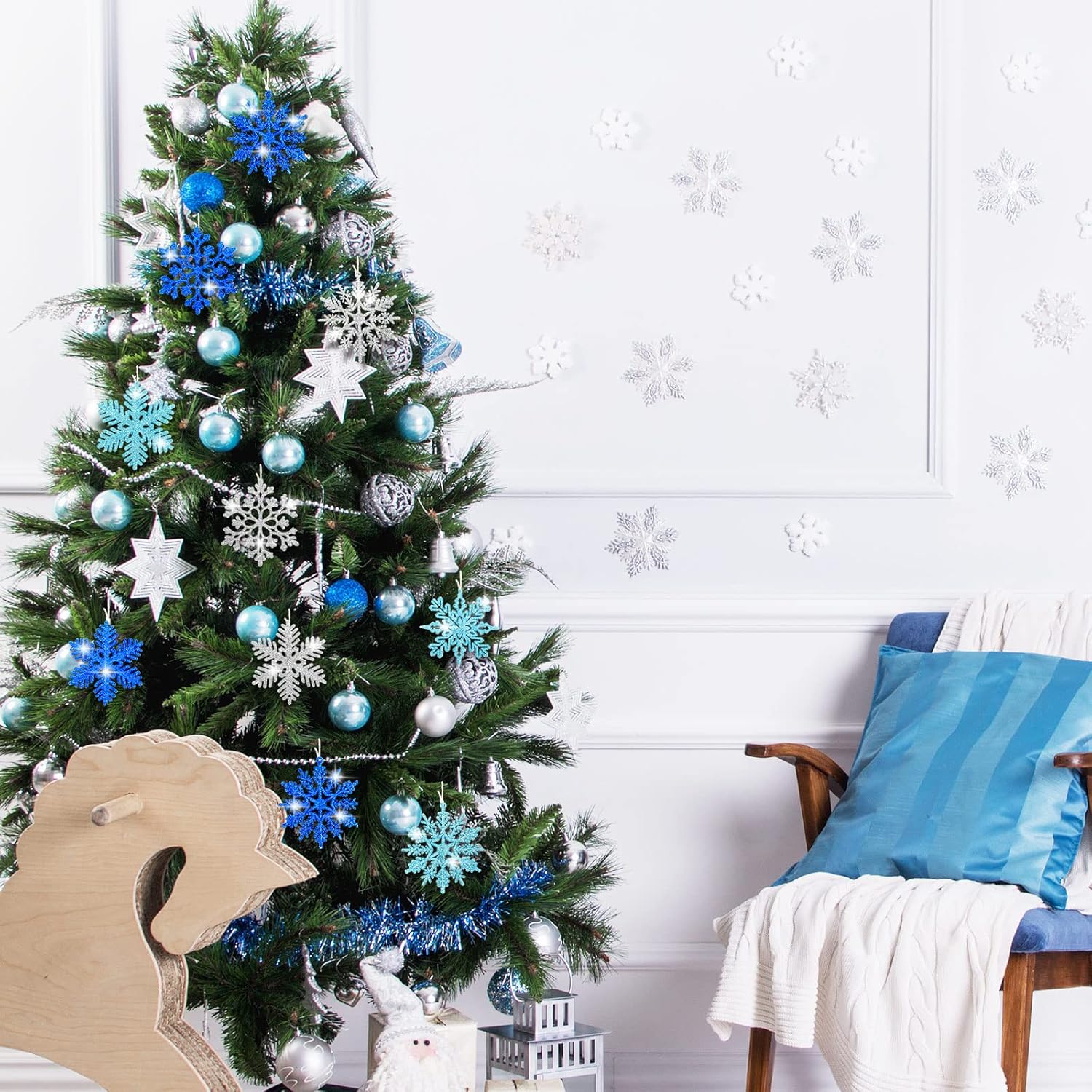 Whaline 48Pcs Glitter Snowflake Hanging Christmas Decor