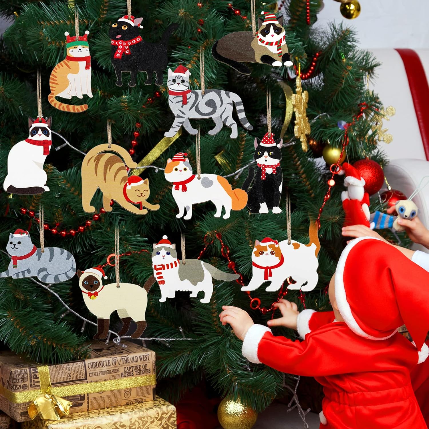 Amyhill 24 Pcs Wooden Cat Christmas Ornaments