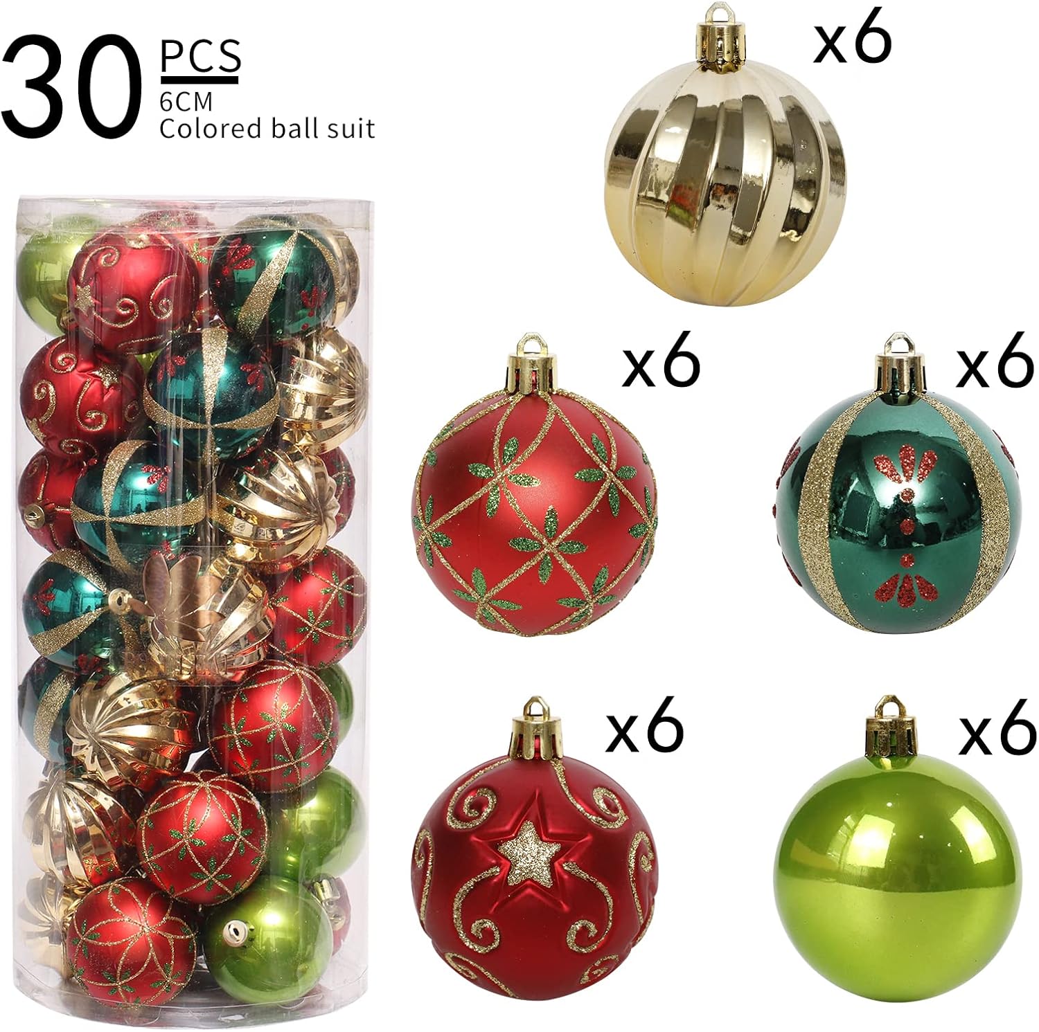 ROSELEAF 30ct Shatterproof Christmas Tree Ornaments Set - Red Green Gold Plastic Hanging Balls