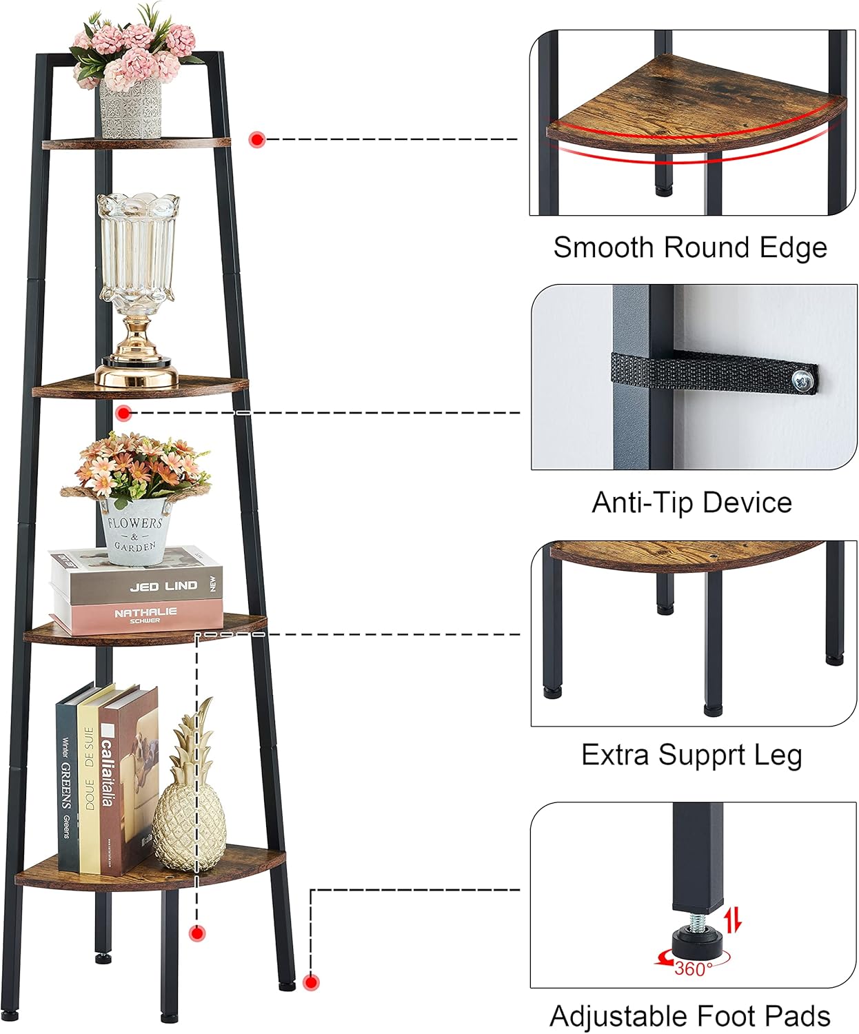 Hoctieon 4-Tier Corner Bookshelf with Rustic Brown Finish
