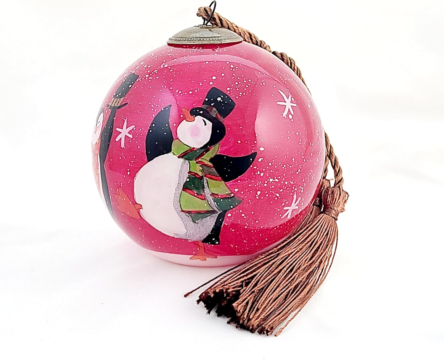Artisan Painted Glass Ornament - Snowman Penguin Dance