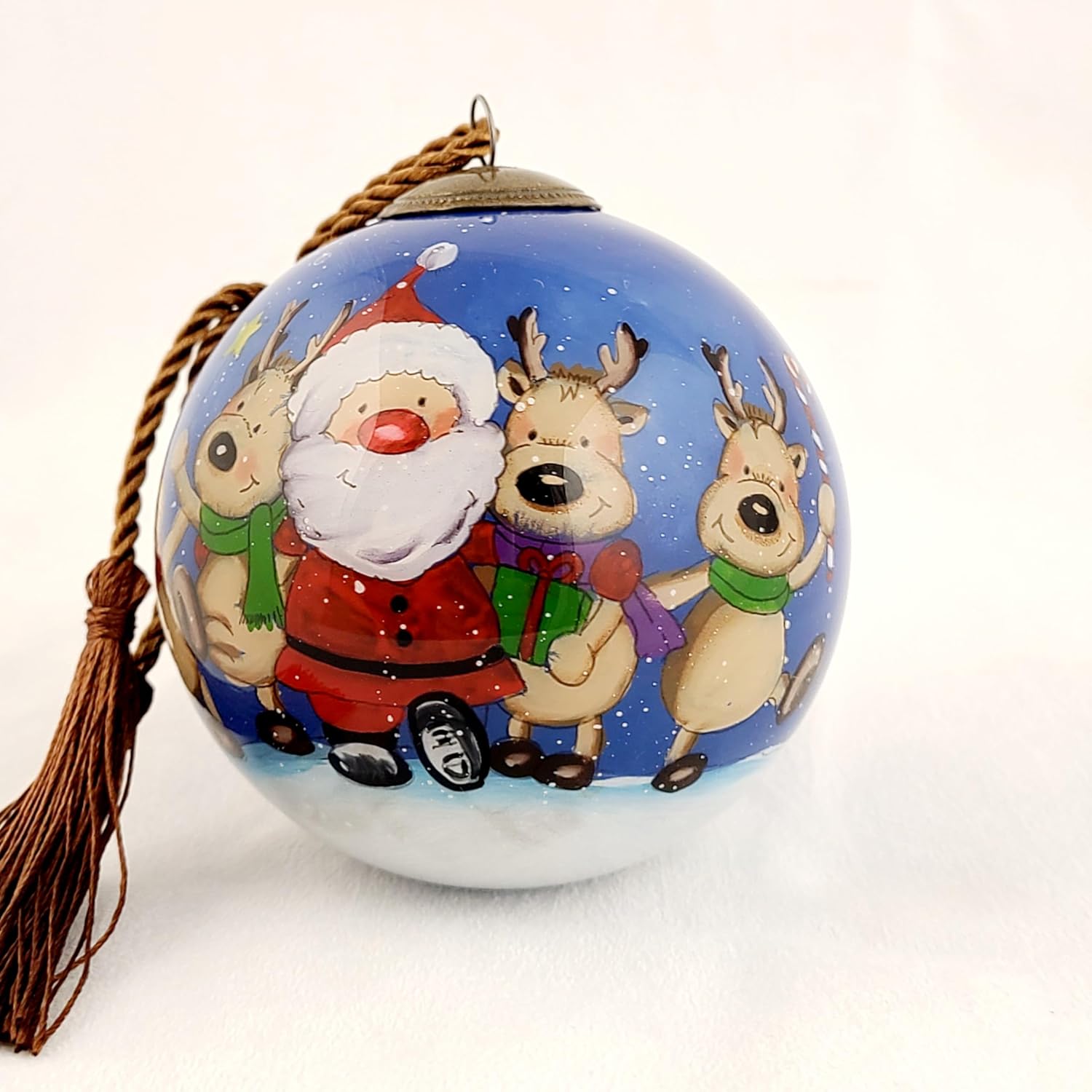 Santa Reindeer Inside-Painted Glass Ornament