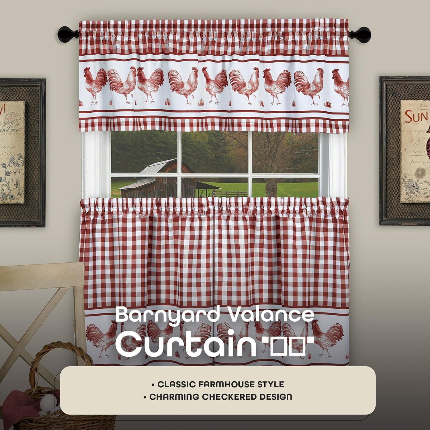 ACHIM Barnyard Valance Curtains 58x14 Burgundy