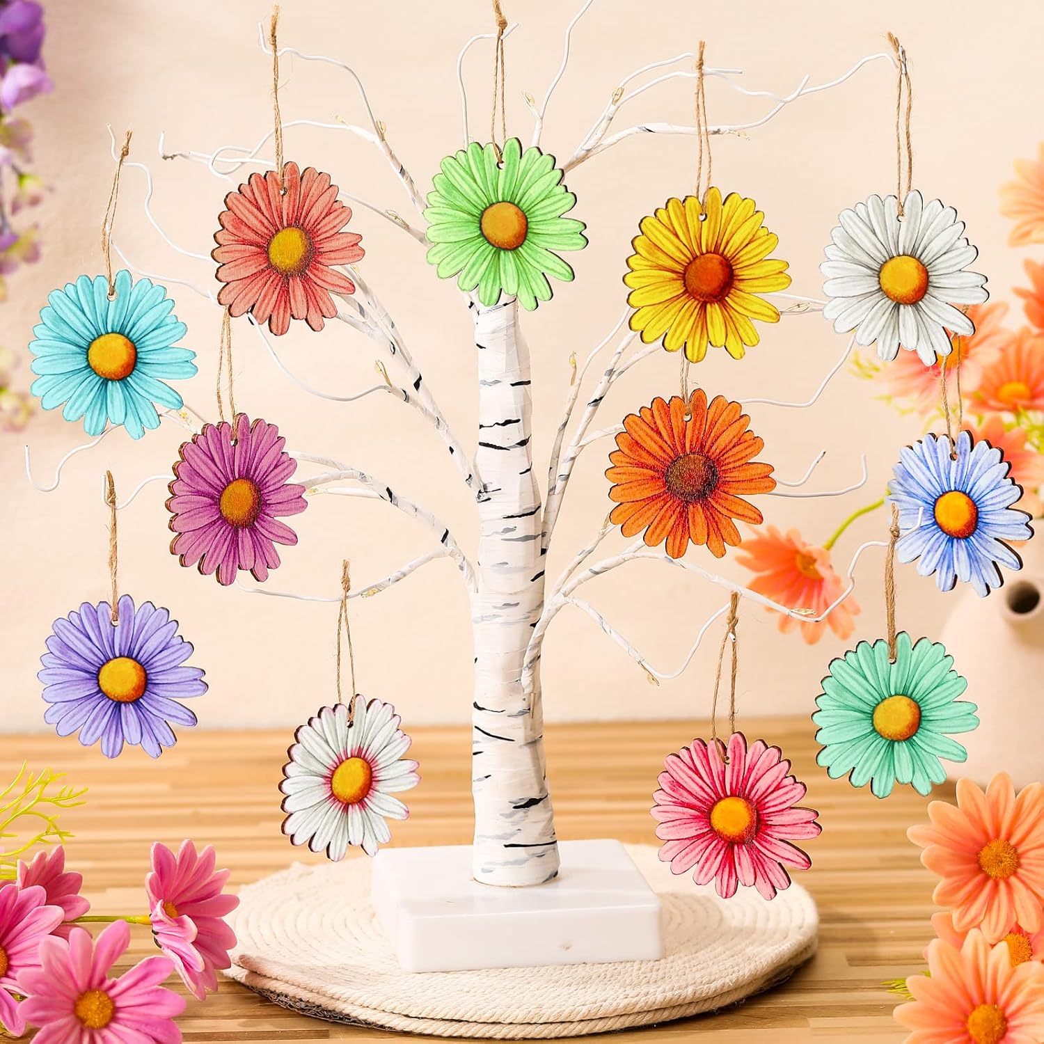 Maitys 36 Pcs Wooden Daisy Hanging Decorations