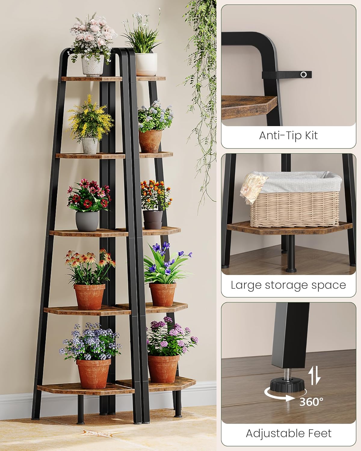 CHOEZON 5-Tier Corner Shelf 596 Tall Metal Ladder Bookshelf