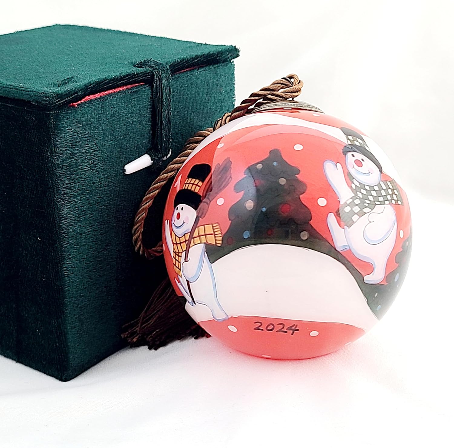 Handmade Red Snowman Glass Ornament with Gift Box