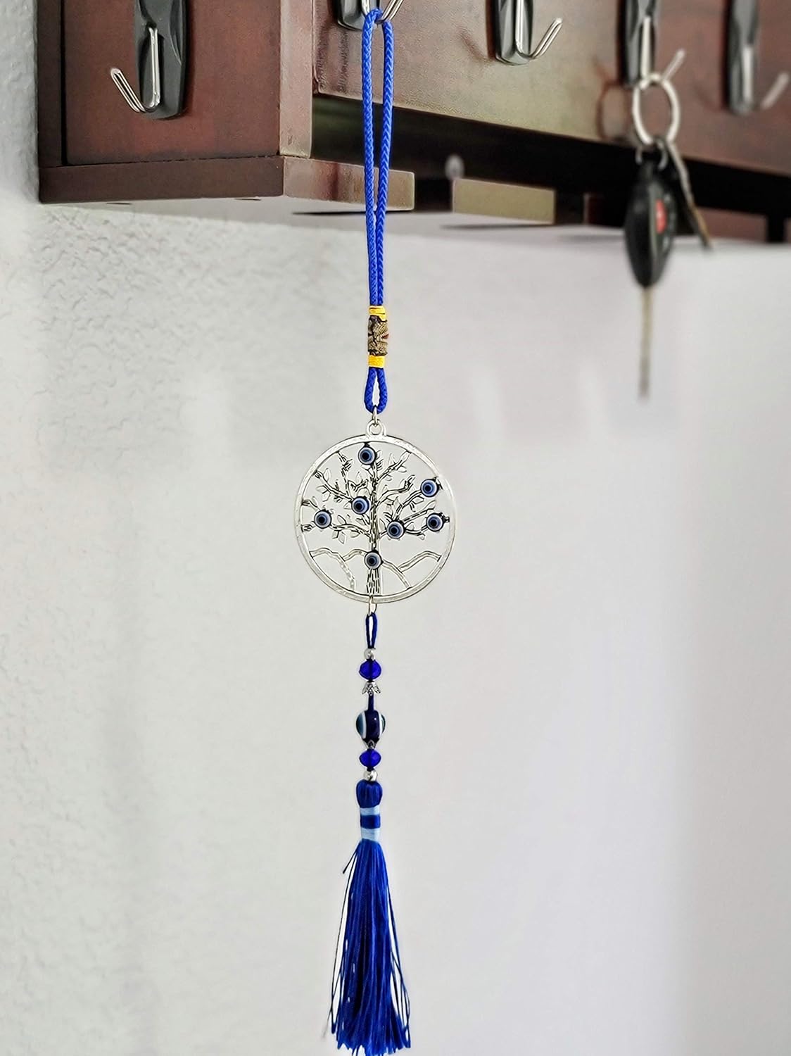 LUCKBOOSTIUM Evil Eye Tree Charm Pendant with Blue Tassels