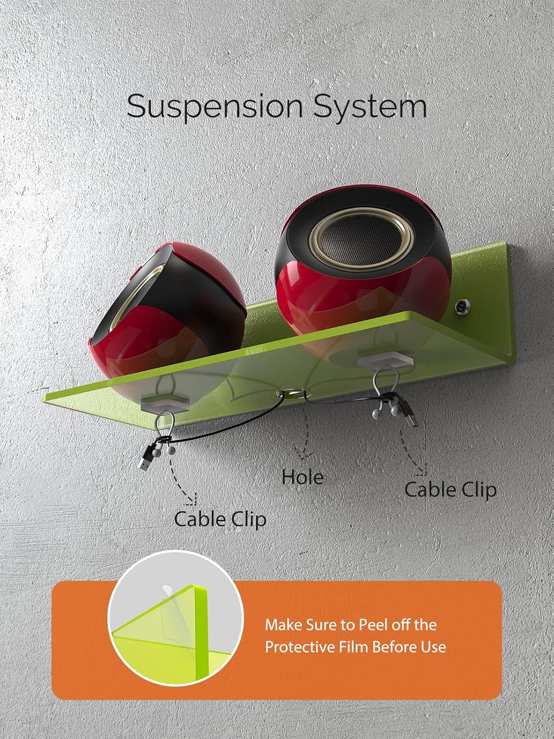 Neon Green Floating Shelf Set of 2 with Cable Clips