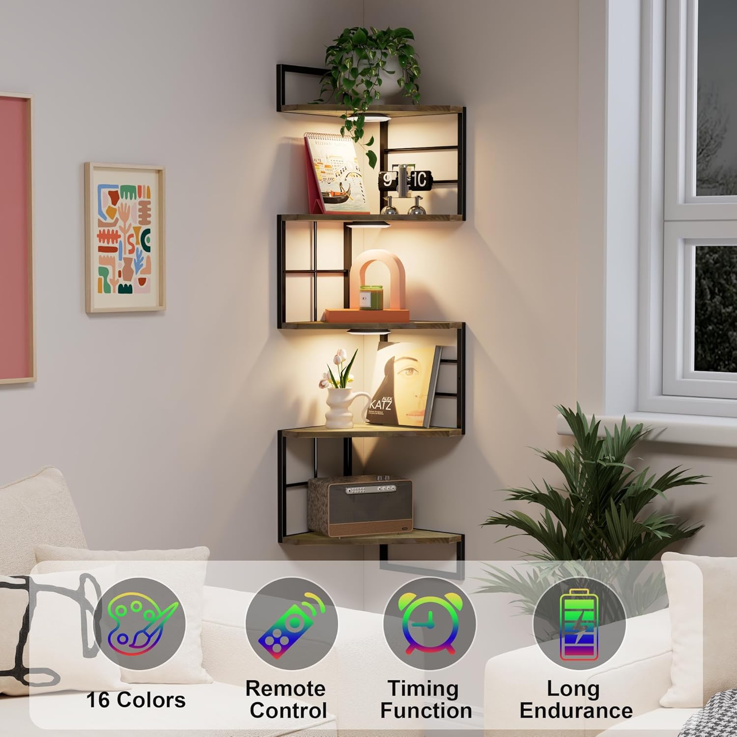 Floating Corner Shelves with Light - 5 Tiers Metal Wall Mount