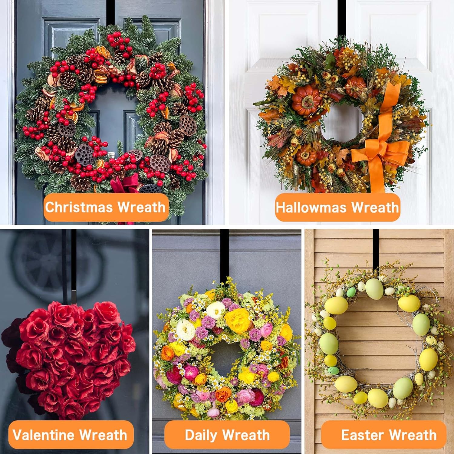 12 Inch Wreath Hangers Black Door Hooks 2 Pack