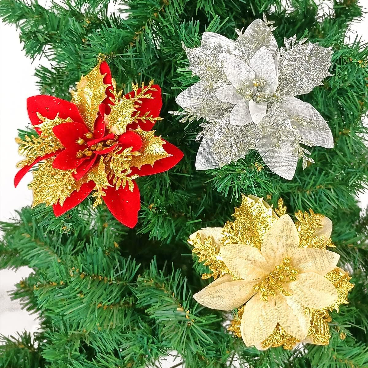 Pack of 12 Silver 5 Inch Glitter Flower Christmas Hanging Ornaments