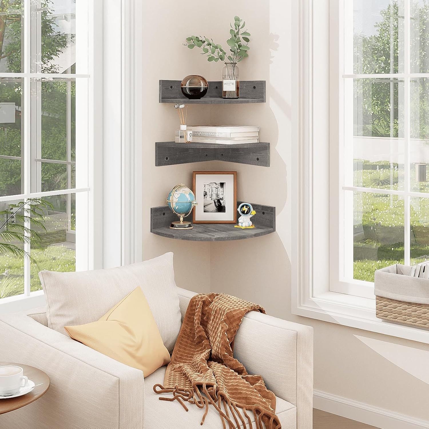 Homode Corner Floating Shelves Set of 3 Rustic Grey