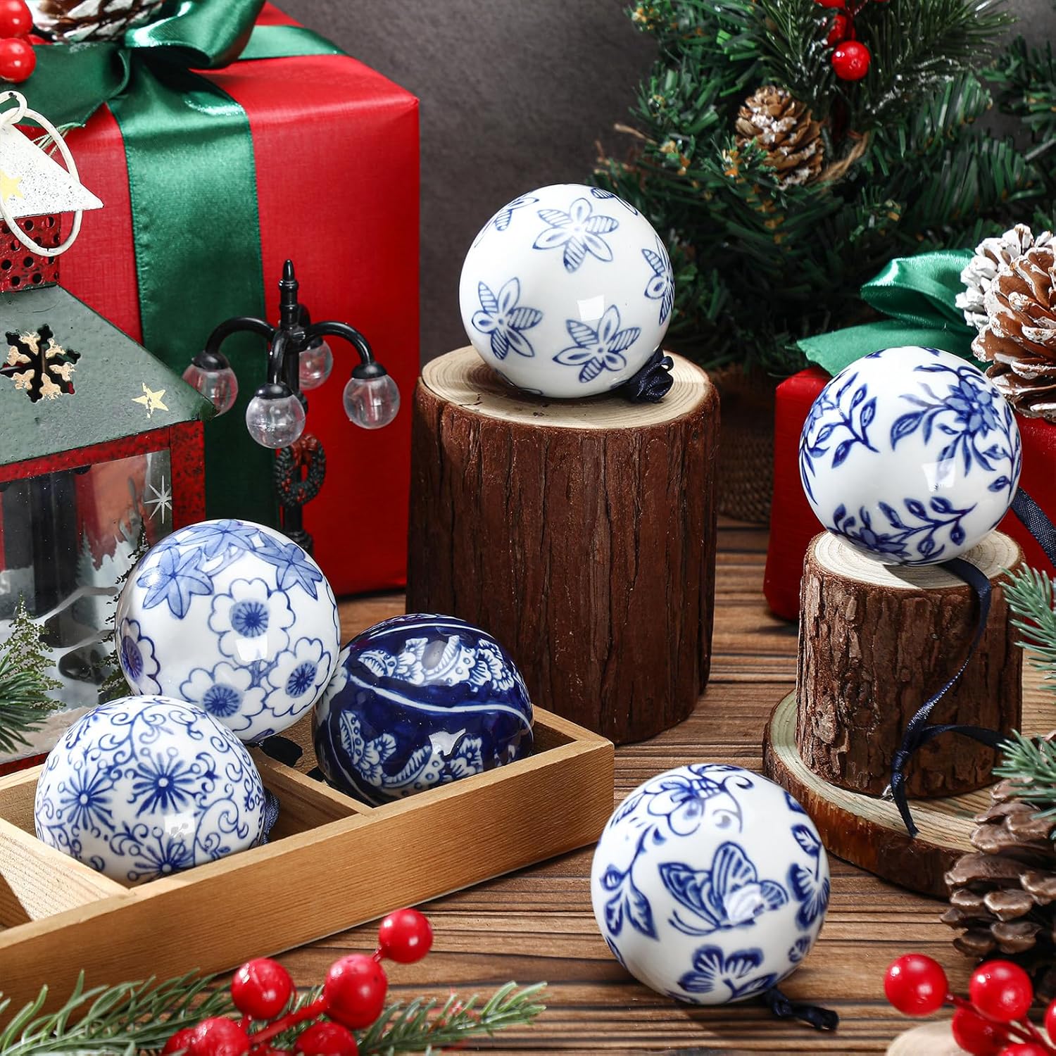 Cindeer 6 Pcs Blue and White Porcelain Christmas Balls