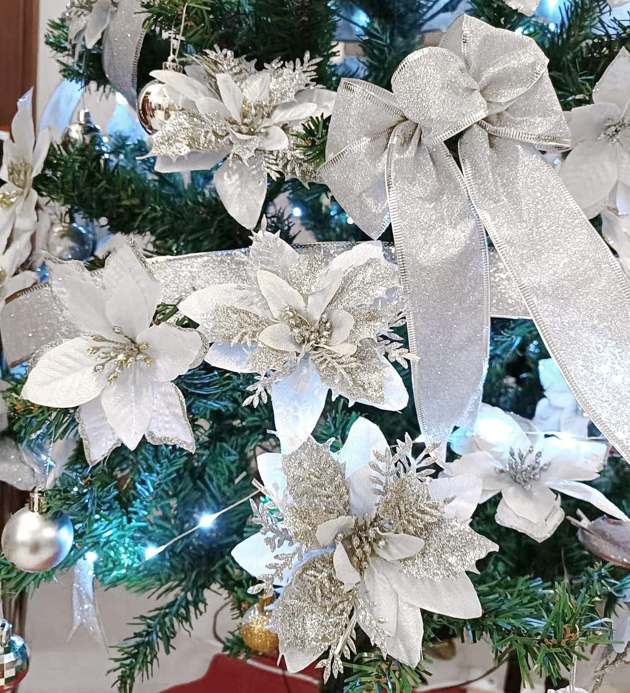 Pack of 12 Silver 5 Inch Glitter Flower Christmas Hanging Ornaments