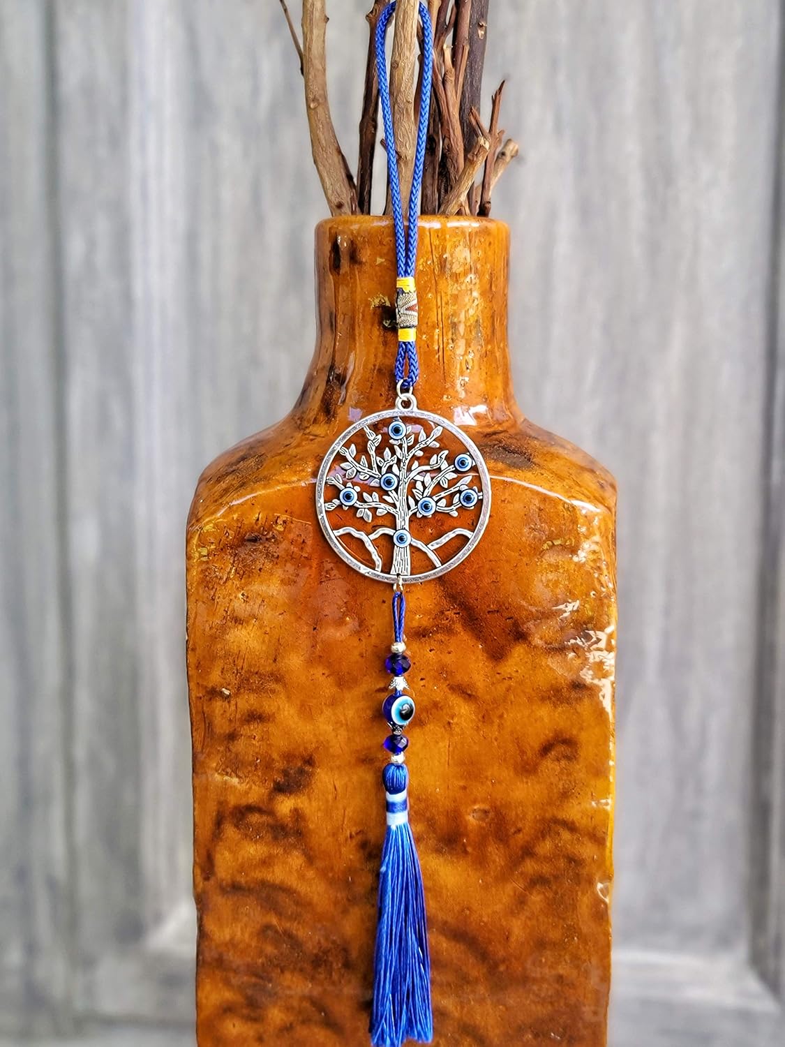 LUCKBOOSTIUM Evil Eye Tree Charm Pendant with Blue Tassels