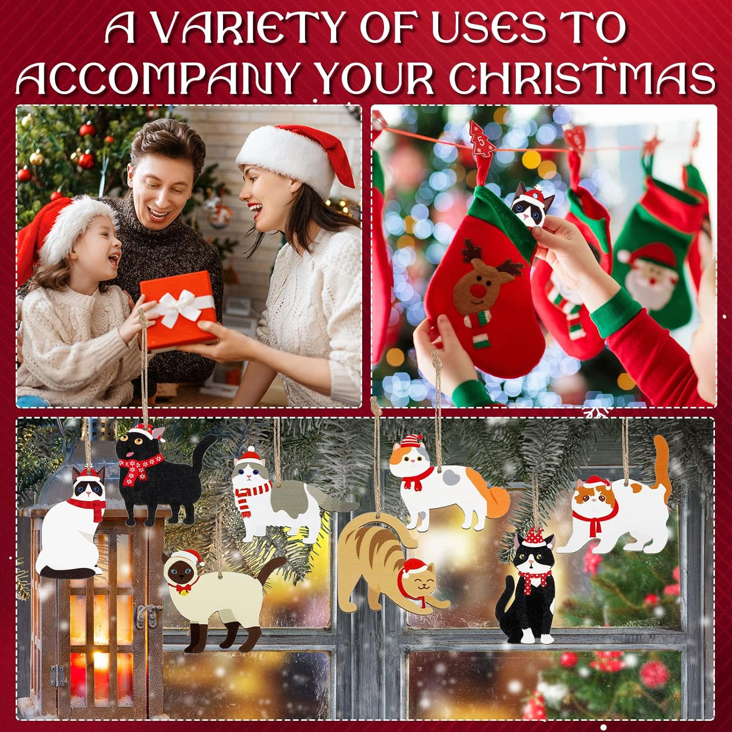 Amyhill 24 Pcs Wooden Cat Christmas Ornaments