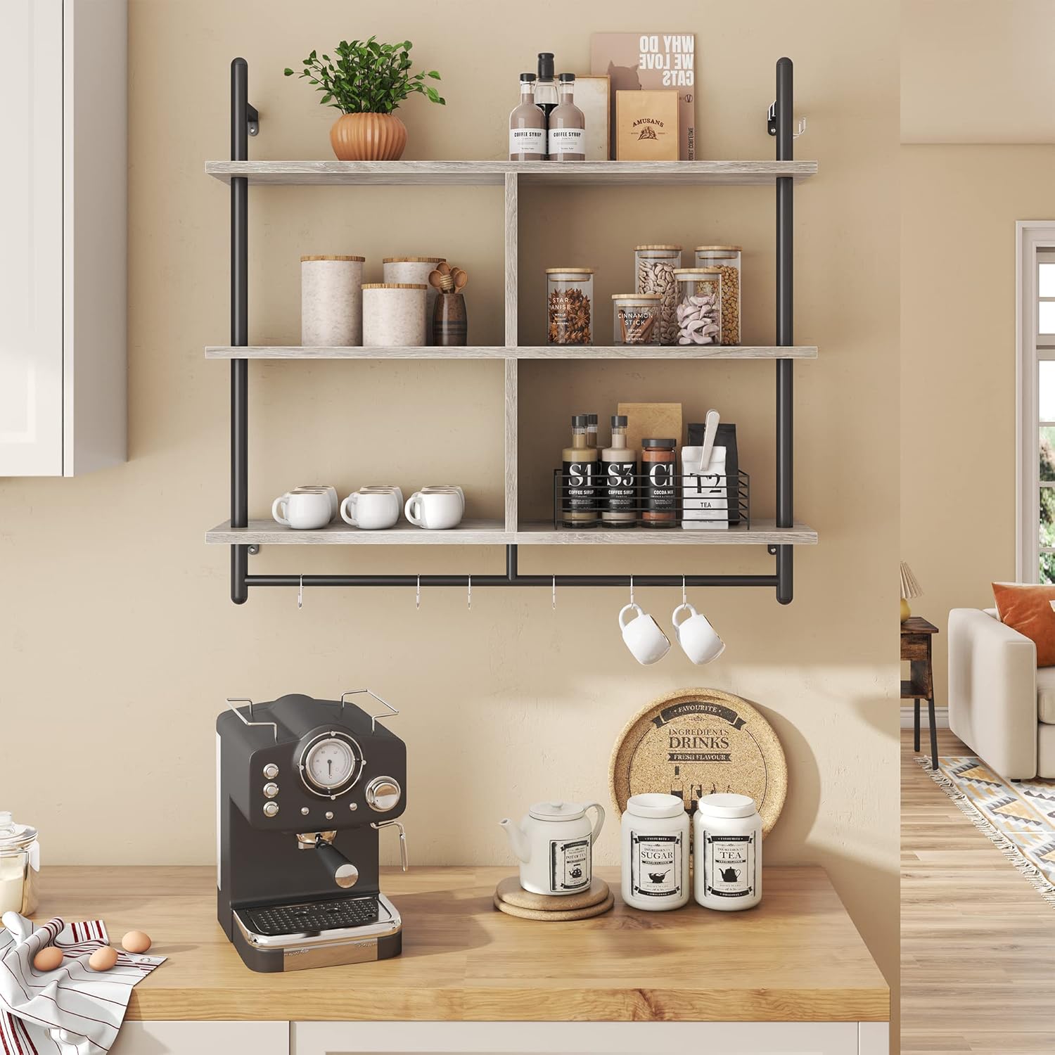 Bestier 415 Inch Floating Pipe Shelving 3 Tier Ladder Shelf