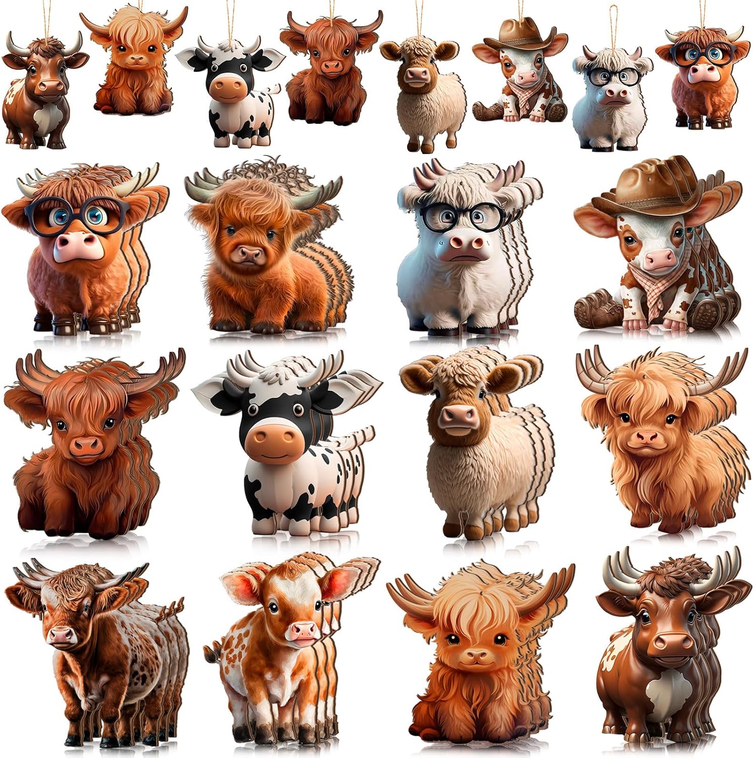 Wenqik 36 Pcs Wooden Highland Cow Christmas Decorations