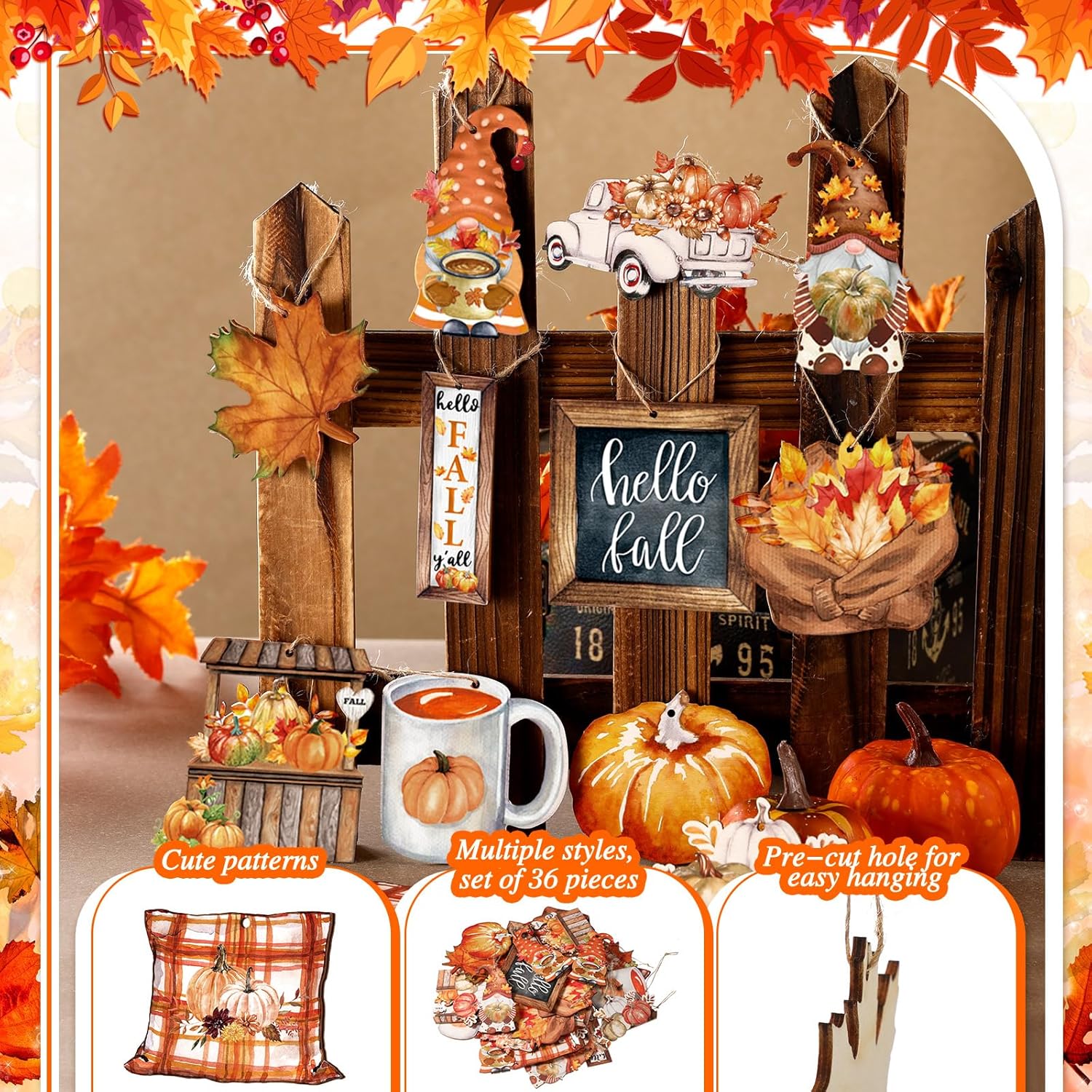 Quzzil 36 Pcs Fall Wooden Hanging Ornaments Set