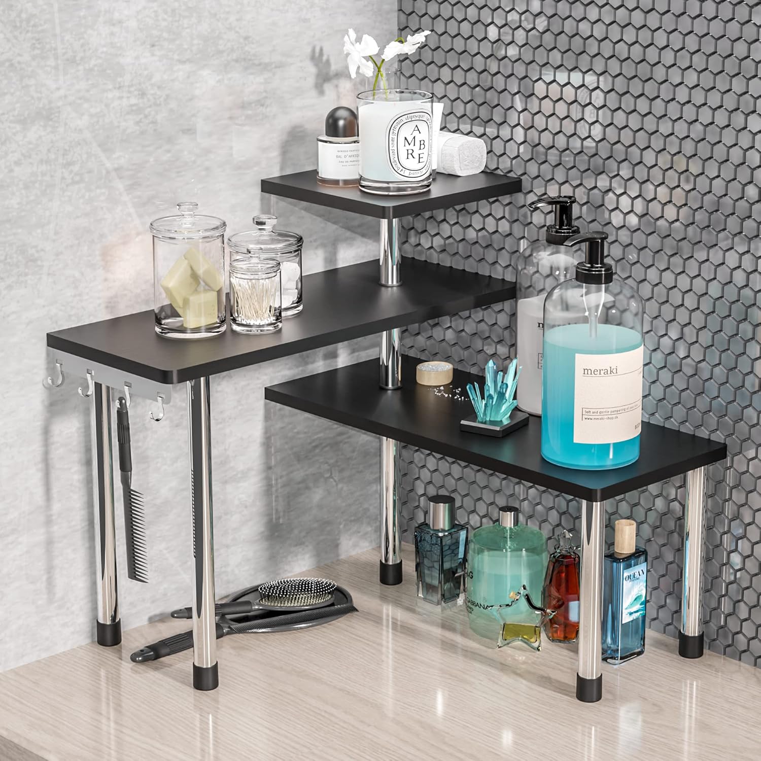 ZHWS Corner Shelf Organizer - 3 Tier Bamboo Black