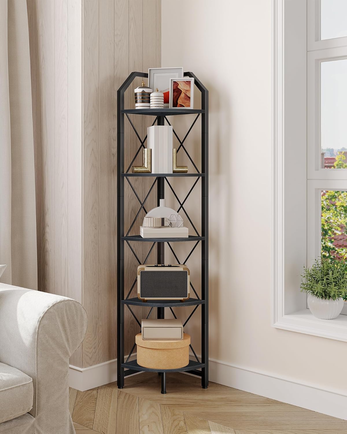 5-Tier Corner Shelf with Metal Frame Black