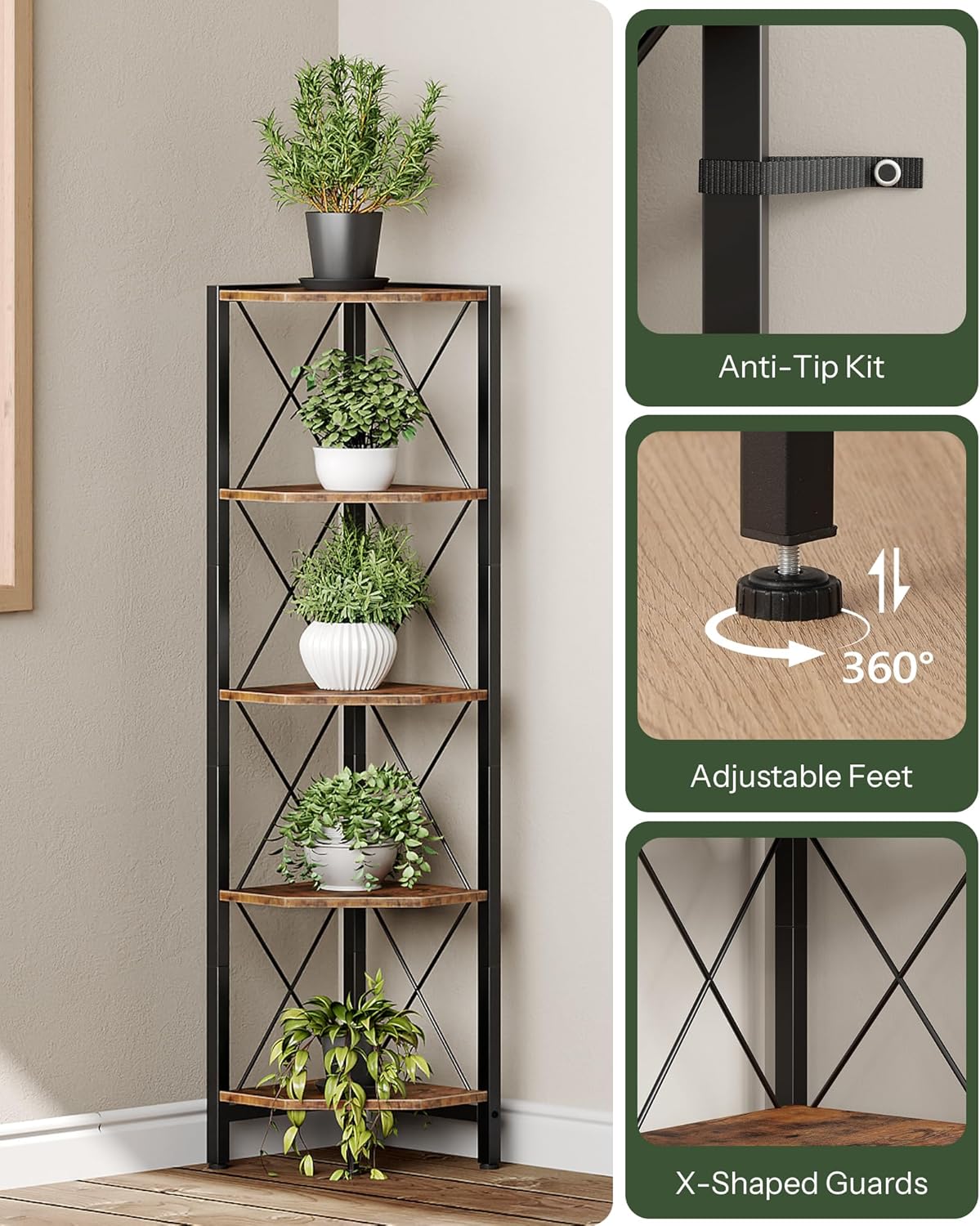 5-Tier Corner Shelf Rustic Brown and Black TCJ12BF