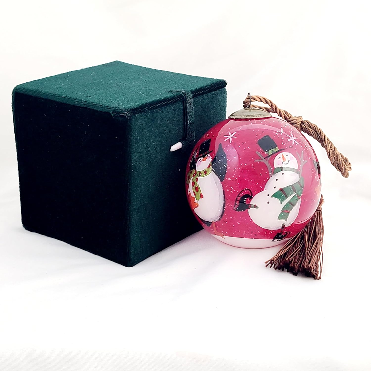 Artisan Painted Glass Ornament - Snowman Penguin Dance